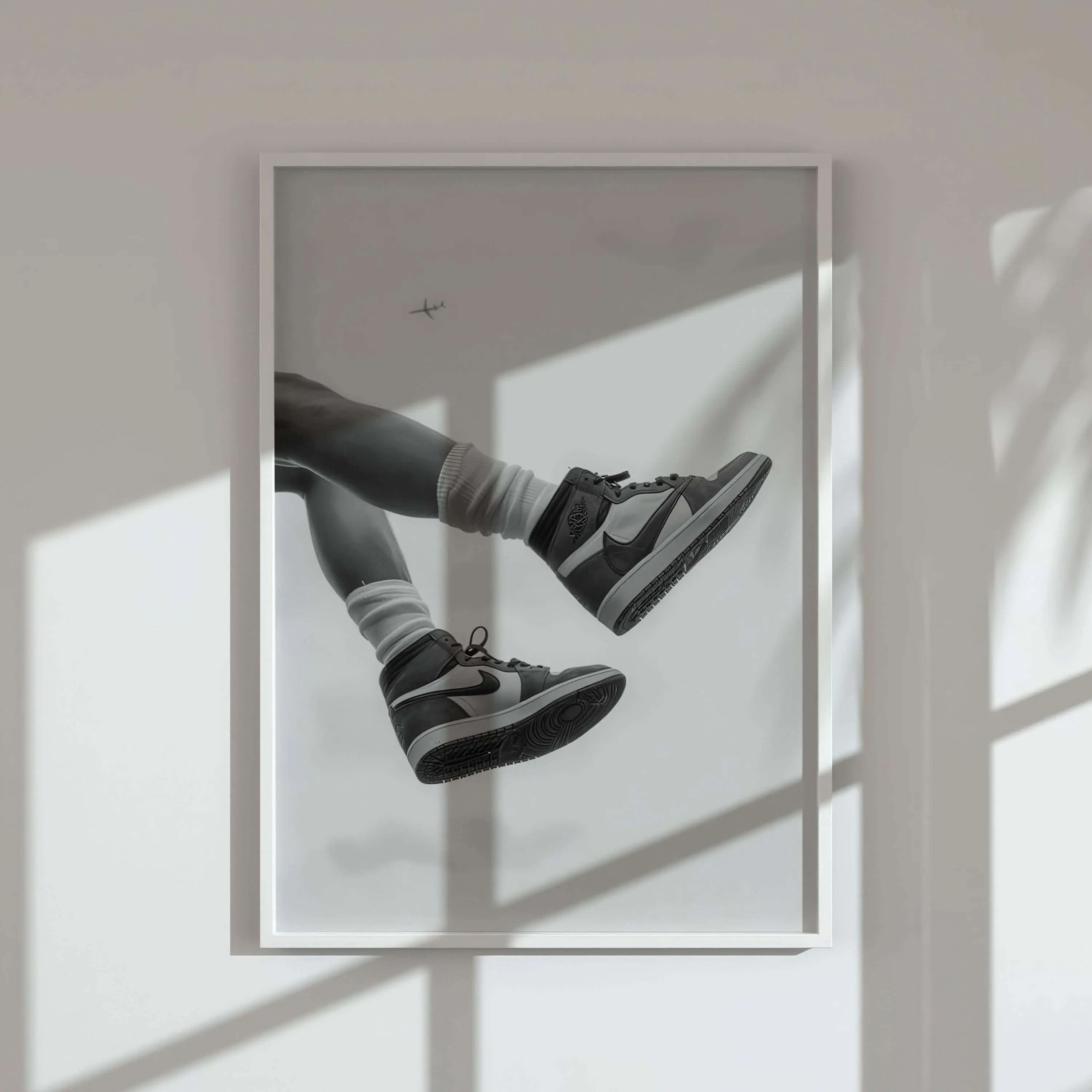 Black and white sneaker wall art capturing sneaker culture, perfect for unique room decor.