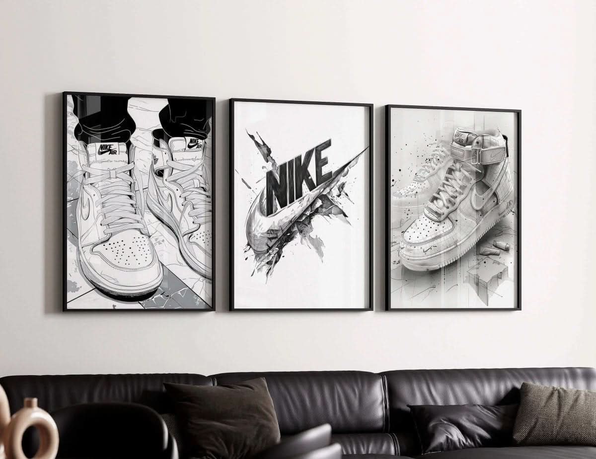 Detailed digital wall art of sneakers with bold "NIKE" graphic, designed for stylish home decor.