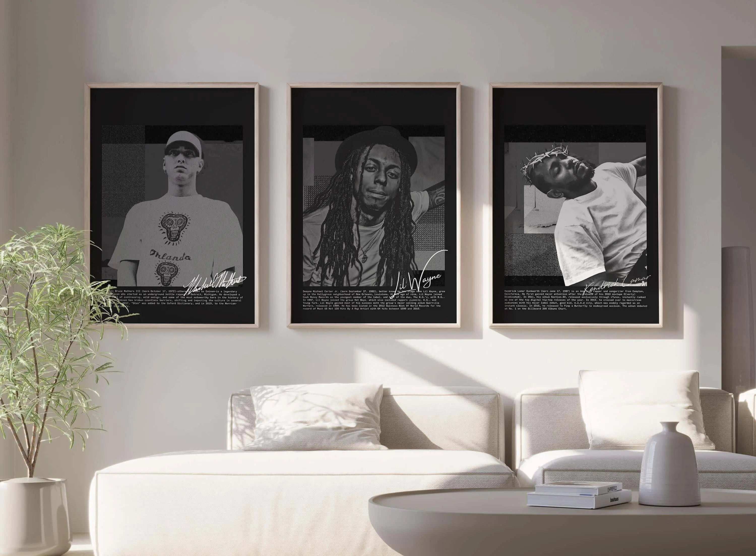 Rap Album Cover Wall Art Set of 3 featuring black and white hip-hop portraits in framed digital wall art above a modern living room sofa — HAUS OF PRINTS