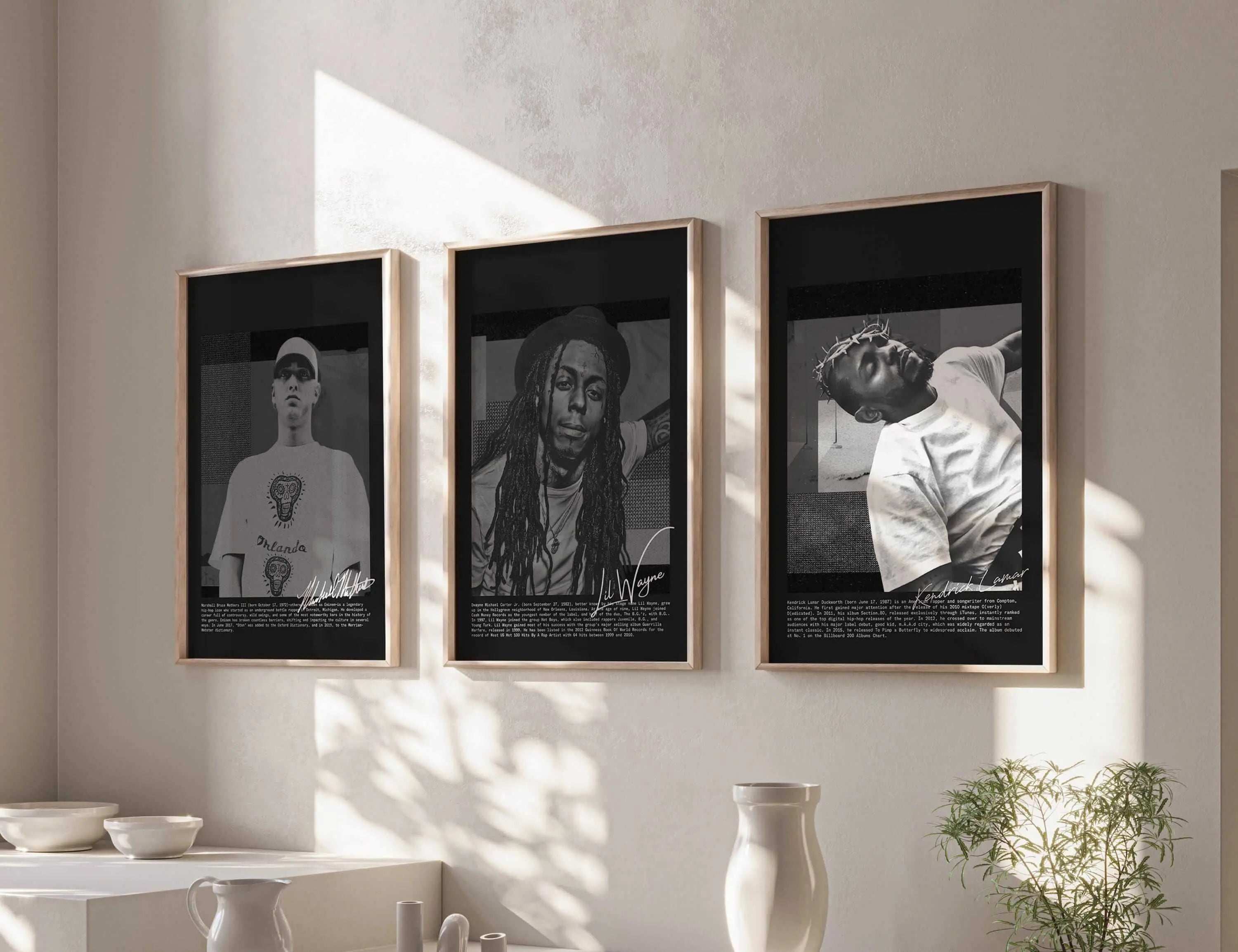 Rap Album Cover Wall Art Set of 3 featuring hip-hop legends in framed digital art prints in a modern living room by Haus of Prints.