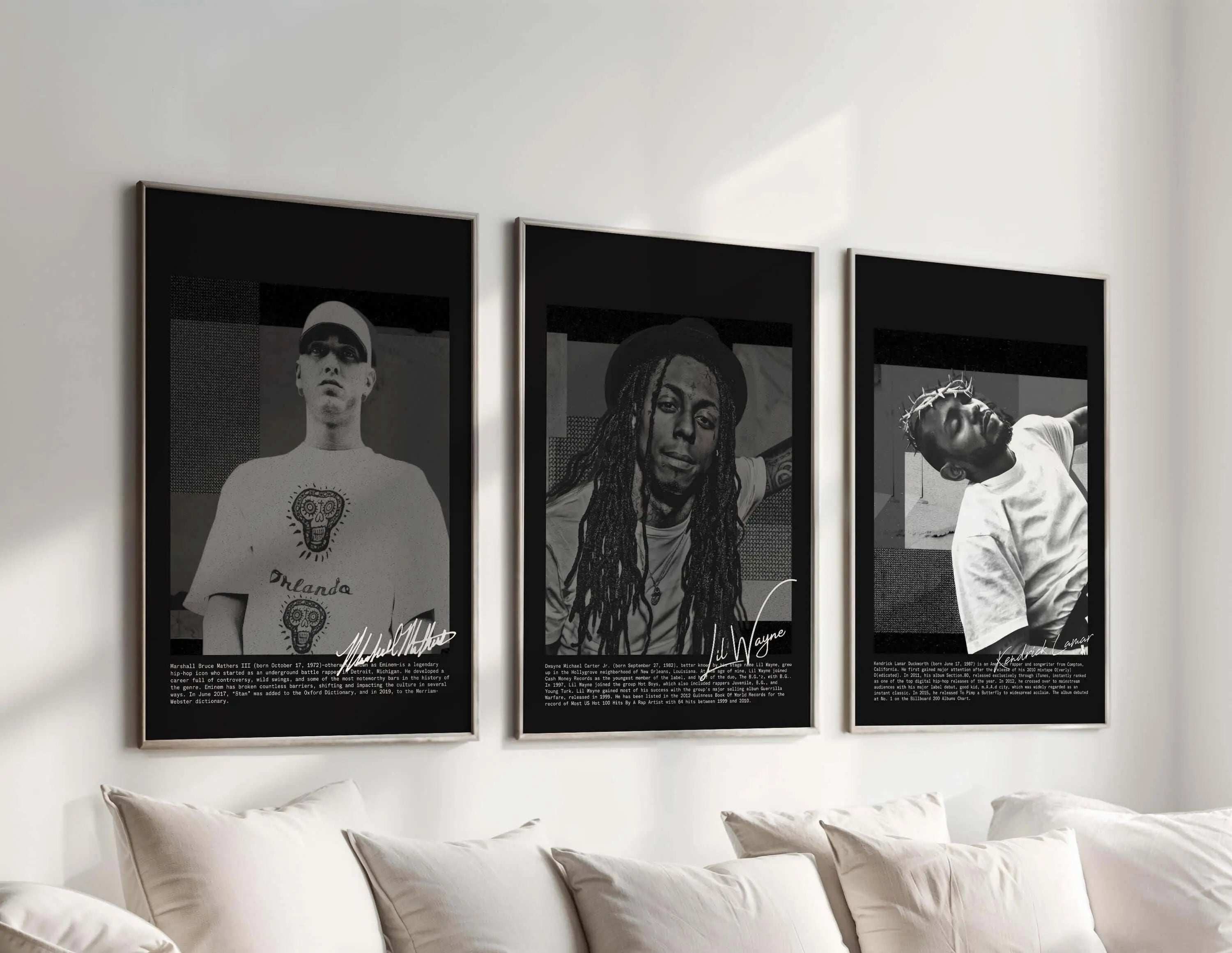 Rap Album Cover Wall Art Set of 3 digital prints featuring hip-hop icons in black frames above sofa, modern living room — Haus of Prints