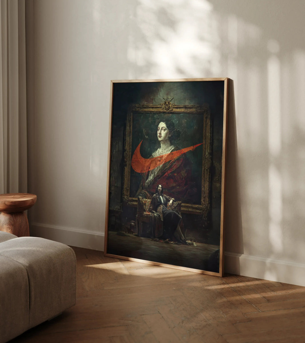 Framed Renaissance Goya-Style Fashion Art Print leaning against a wall in a modern living room, combining vintage elegance with sneaker culture.