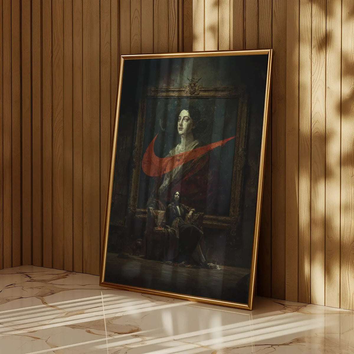 Renaissance Goya-Style Fashion Art Print in a gold frame, placed in a sunlit room with marble flooring, highlighting its bold cultural remix design.