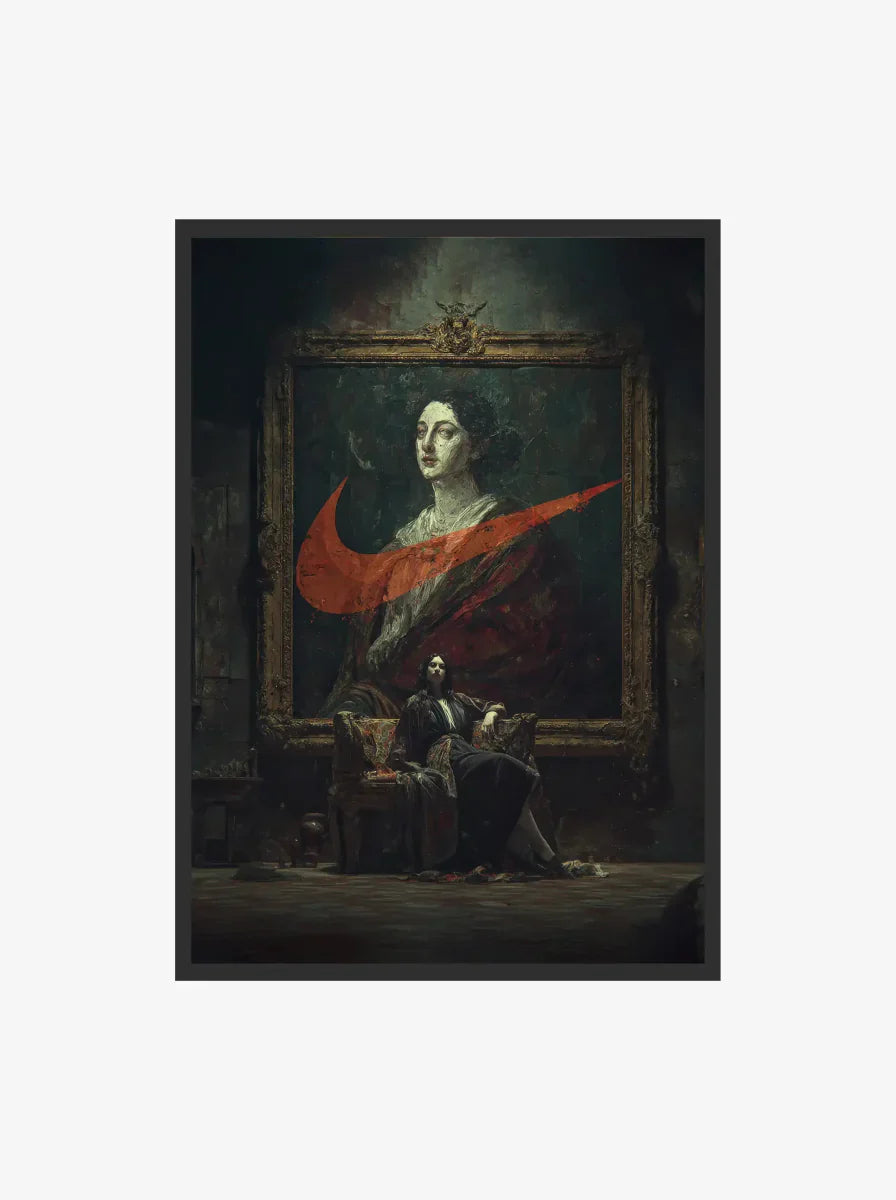 Renaissance Goya-Style Fashion Art Print by Haus of Prints featuring a regal portrait with a bold red swoosh, blending classical and streetwear themes.
