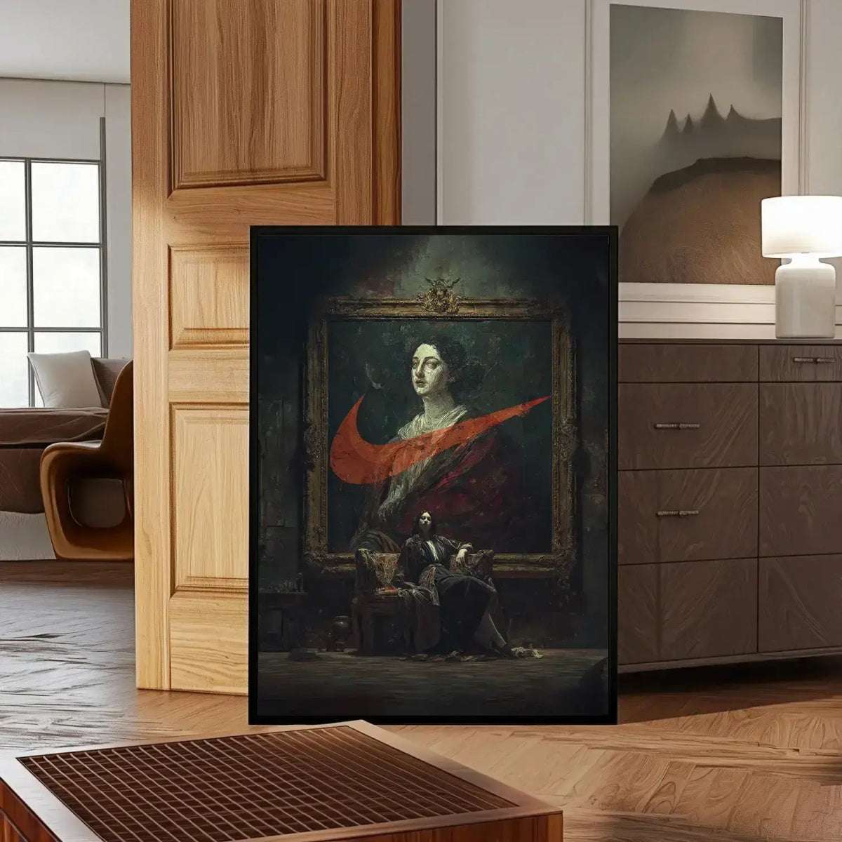 Renaissance Goya-Style Fashion Art Print displayed in a contemporary hallway, merging baroque portraiture with modern hypebeast aesthetics.