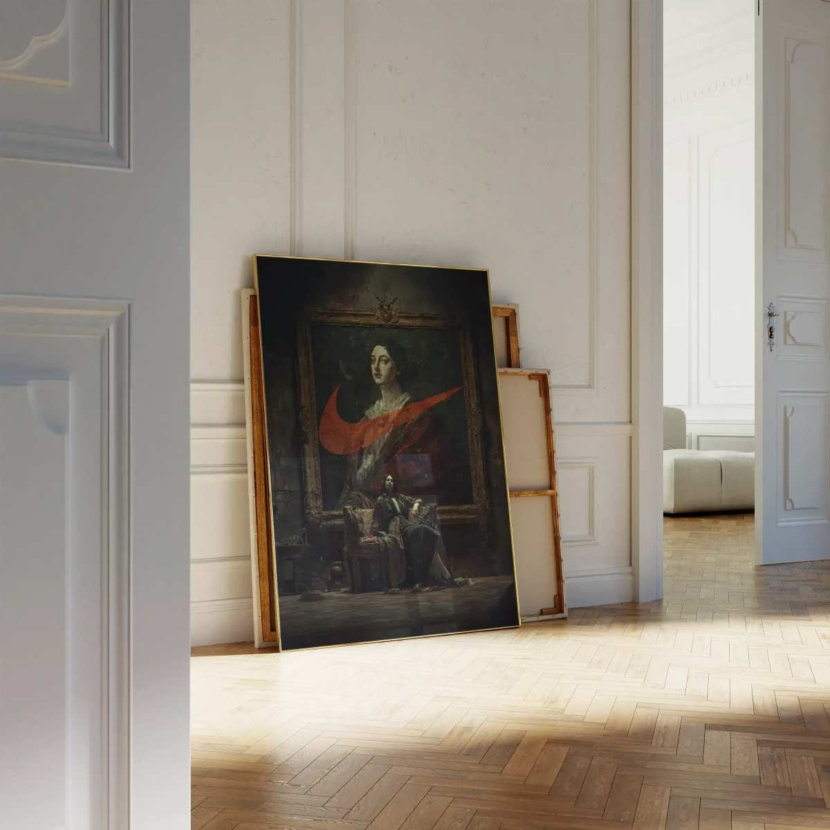 Unframed Renaissance Goya-Style Fashion Art Print resting on the floor among other canvases, showcasing a fusion of classical art and streetwear flair.