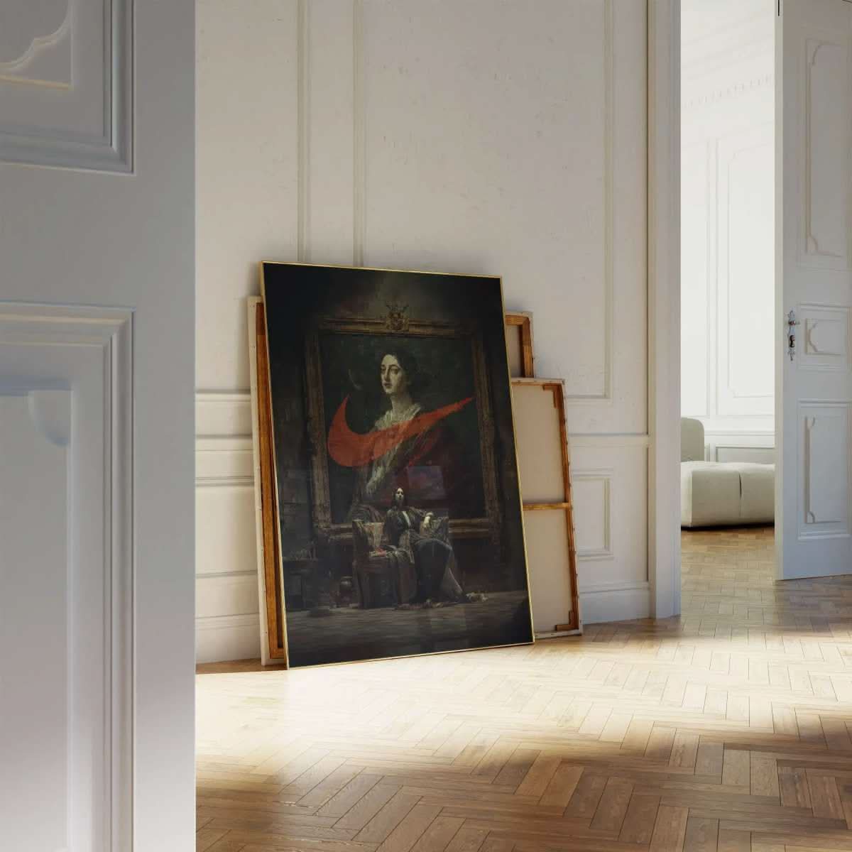 Renaissance Goya-Style Fashion Art Print with Nike logo, standing in an elegant room against a wall.