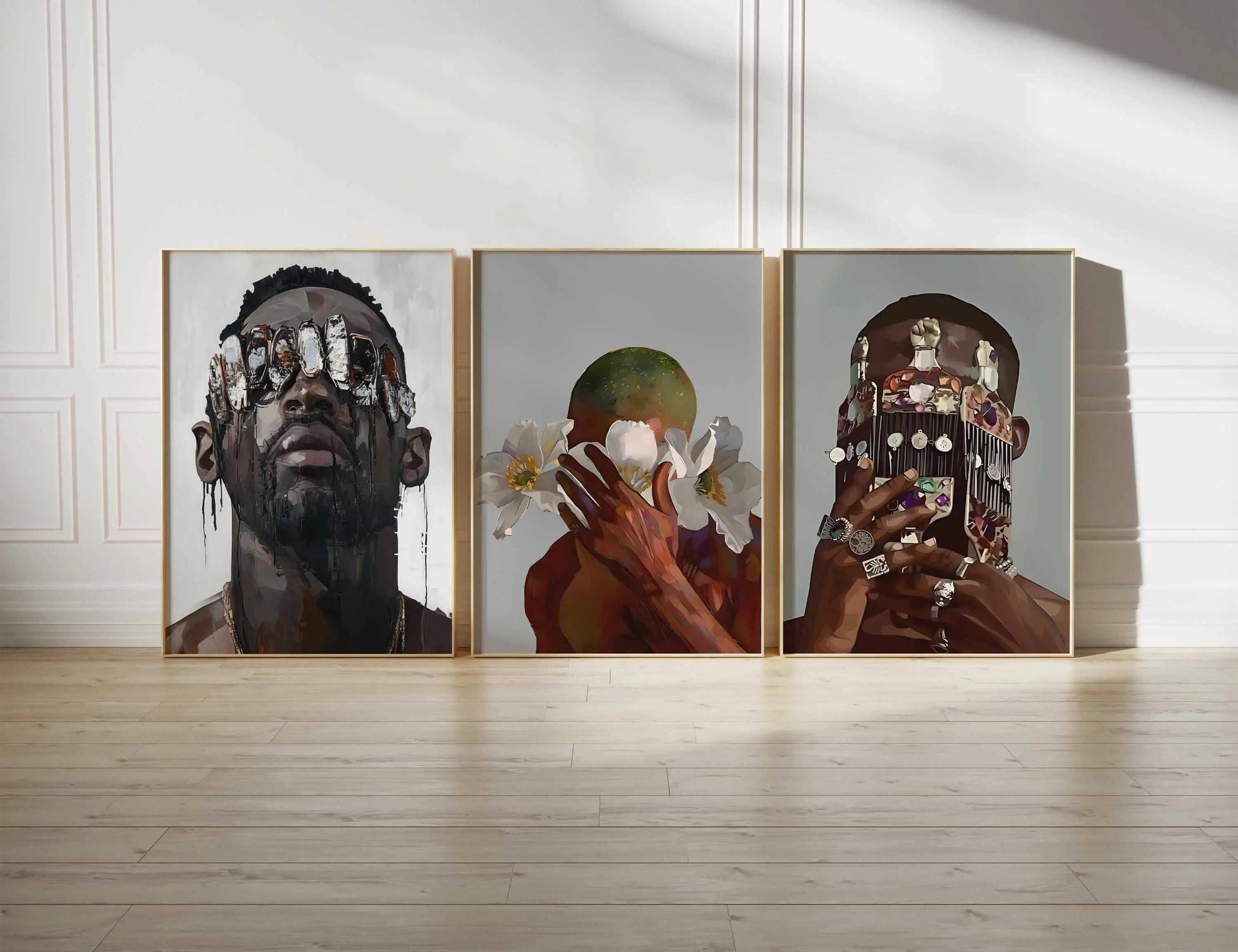 Set of 3 Black Men Wall Art Prints digital printable art with vibrant Afrocentric design in a modern living room by Haus of Prints