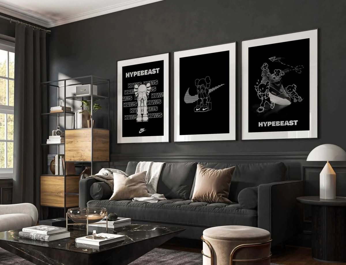 Set of 3 Black and White Hypebeast Posters illustrating urban street art, perfect for modern wall decoration.