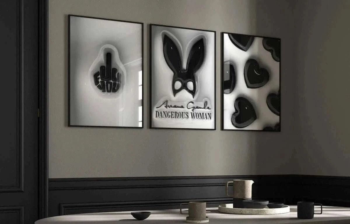 Hypebeast poster set depicting black and white designs, ideal for trendy living room decor.