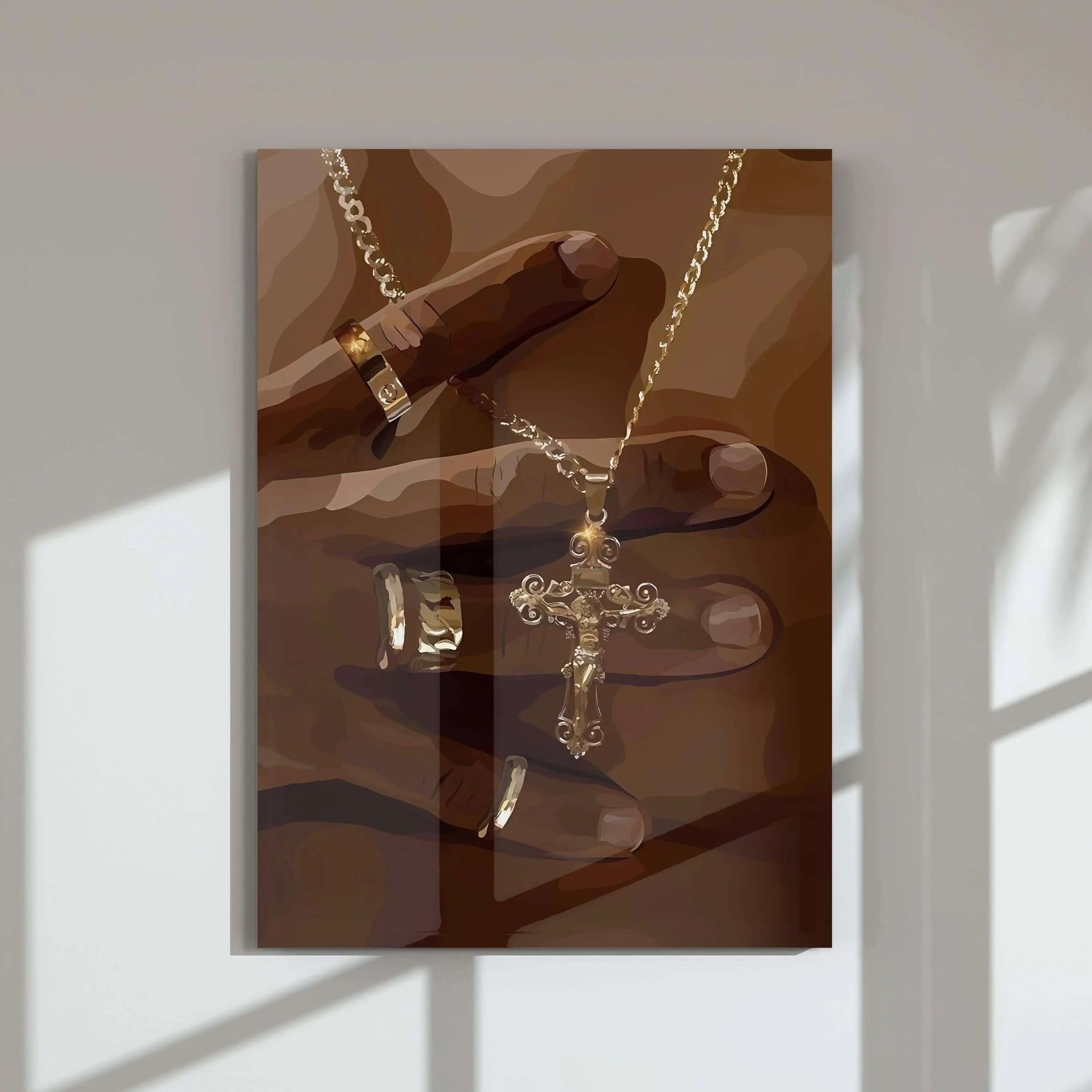 Printable Afrocentric digital wall art of a Black hand with gold rings and cross necklace in modern living room – Set of 3 Printable Black Man Wall Art, Haus of Prints