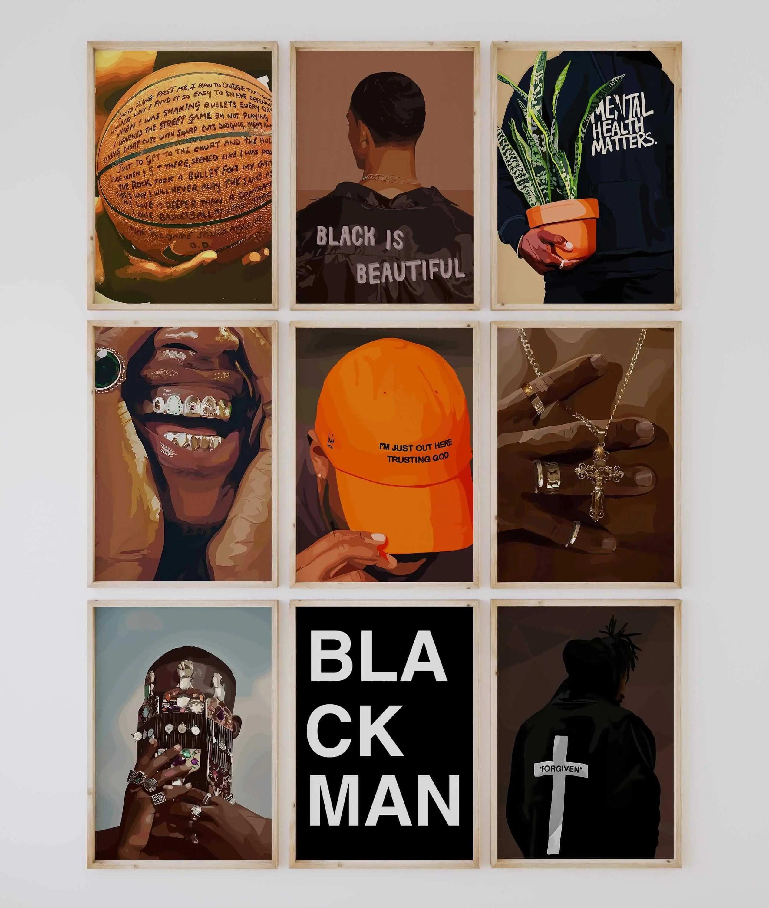 Set of 9 Black Men Wall Art featuring vibrant Afrocentric digital wall art prints in wooden frames for modern living room decor — Haus of Prints.