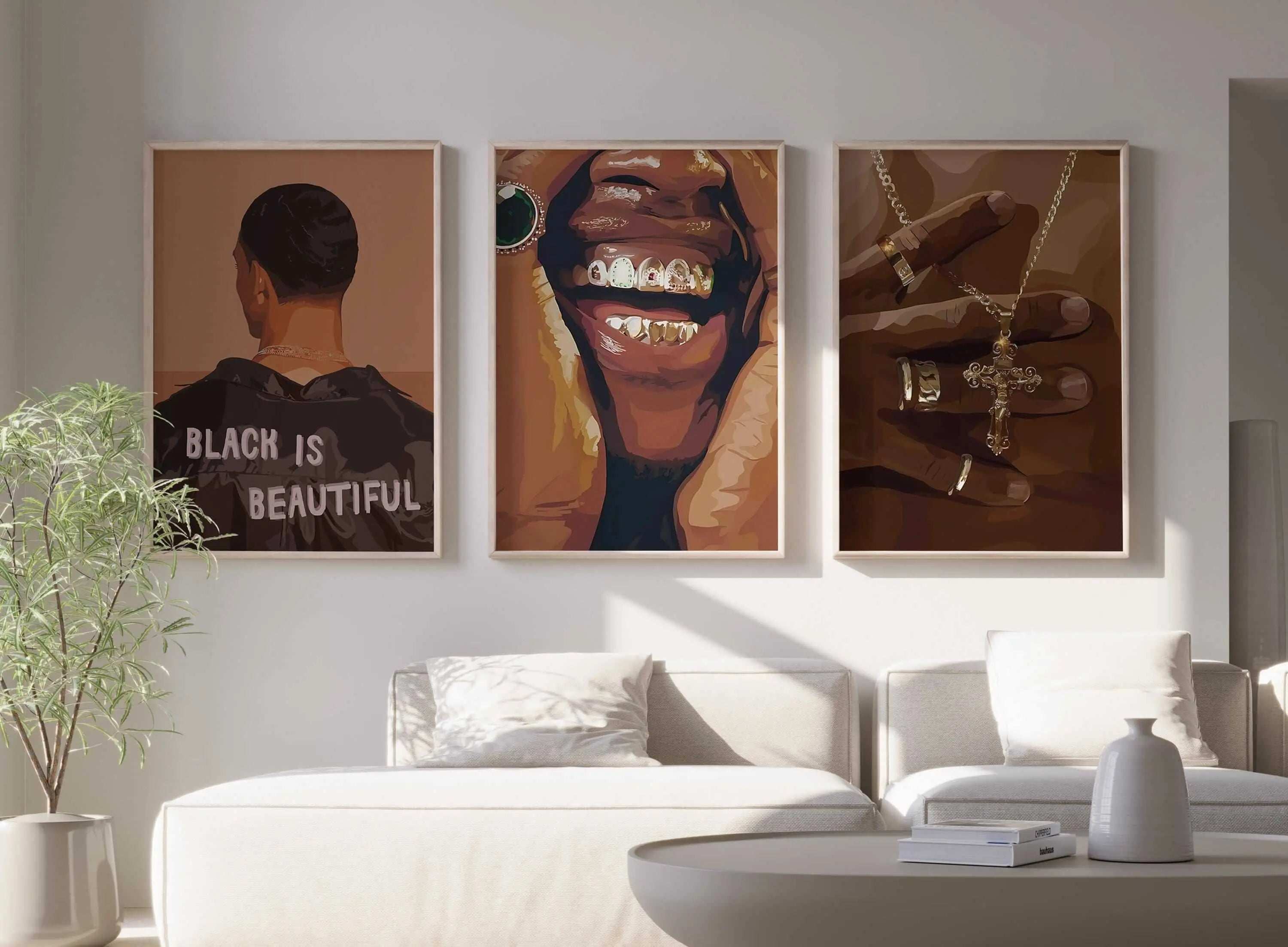 Set of 9 Black Men Wall Art featuring Afrocentric digital art prints in warm tones, displayed in a modern living room — Haus of Prints.