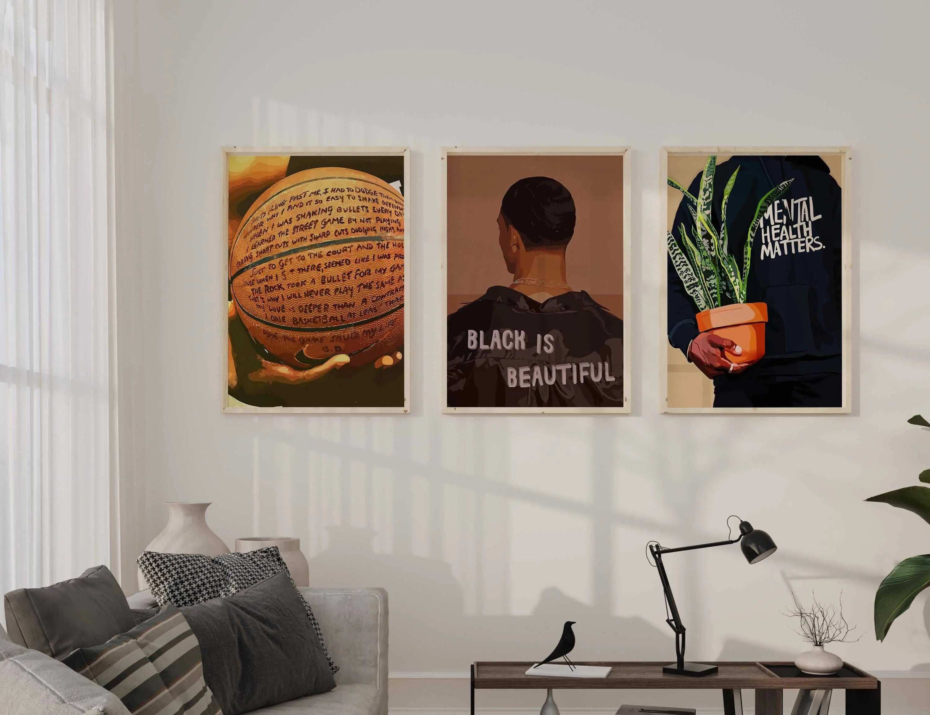 Set of 9 Black Men Wall Art featuring Afrocentric digital wall art prints in warm tones, framed in a modern living room by Haus of Prints.