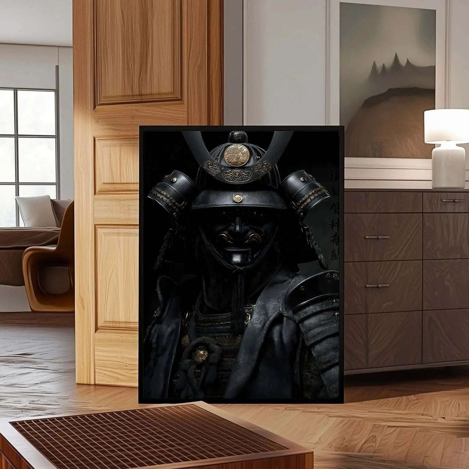 Shadow Honor I – Black Samurai digital wall art in dark tones, framed and displayed in a modern living room by Haus of Prints.