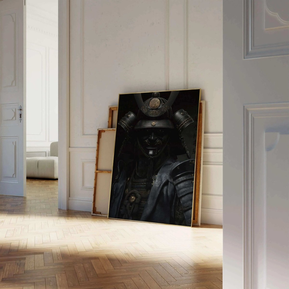 Shadow Honor I – Black Samurai digital wall art print leaning against wall in bright modern living room, Haus of Prints.