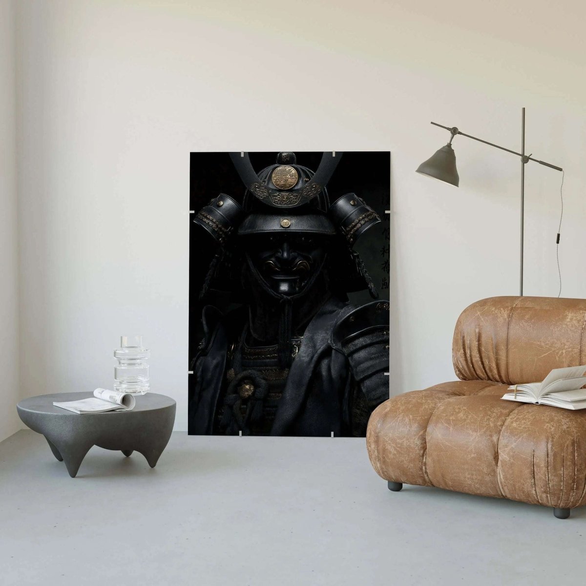 Black Samurai printable modern wall art print in minimalist living room setting, digital wall art by Haus of Prints, Shadow Honor I.