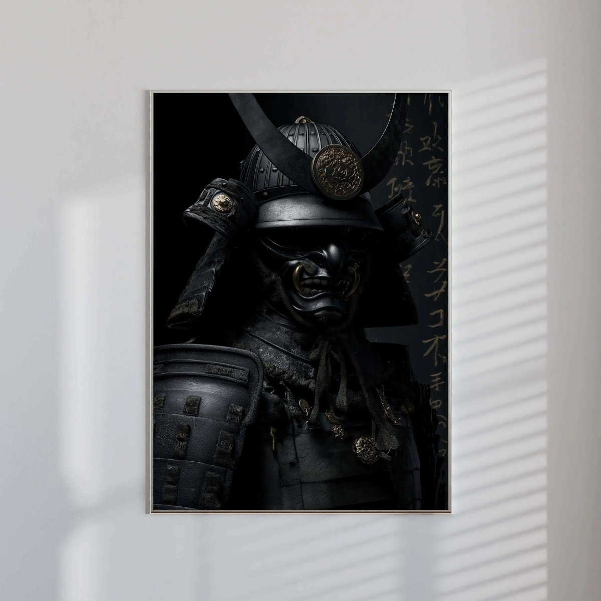 Shadow Honor II Black Samurai digital wall art print framed on white wall in modern room, Toronto art by Haus of Prints.