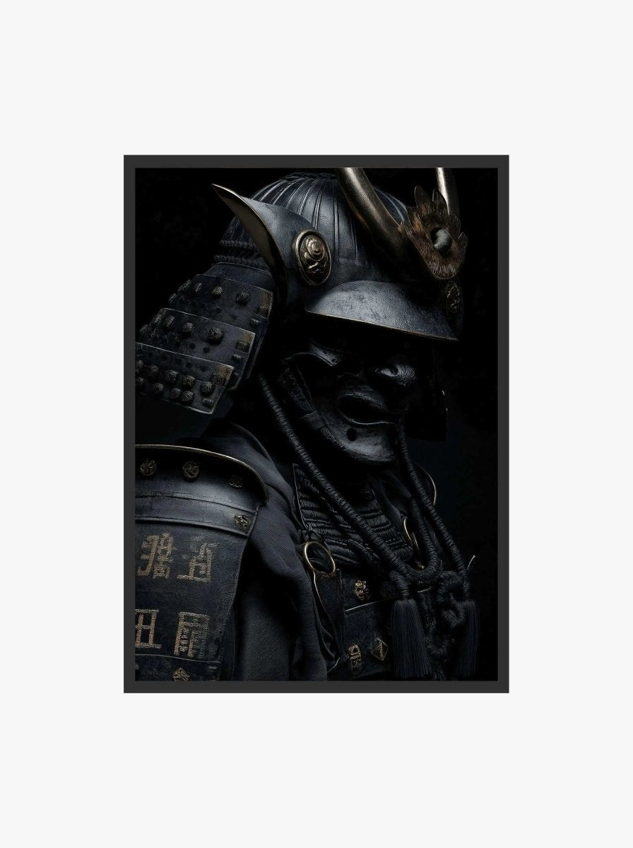 Shadow Honor III Black Samurai digital wall art print featuring dark armored warrior in dramatic lighting, modern printable art by Haus of Prints.