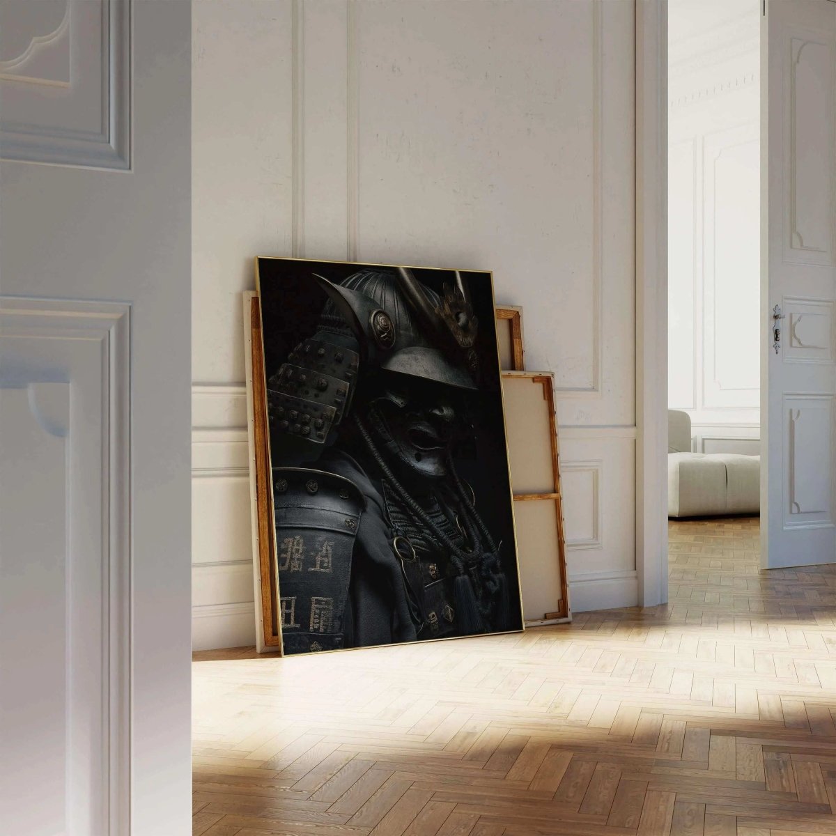 Dark Samurai digital wall art print in black tones leaning in elegant modern living room, printable art by Haus of Prints, Shadow Honor III.