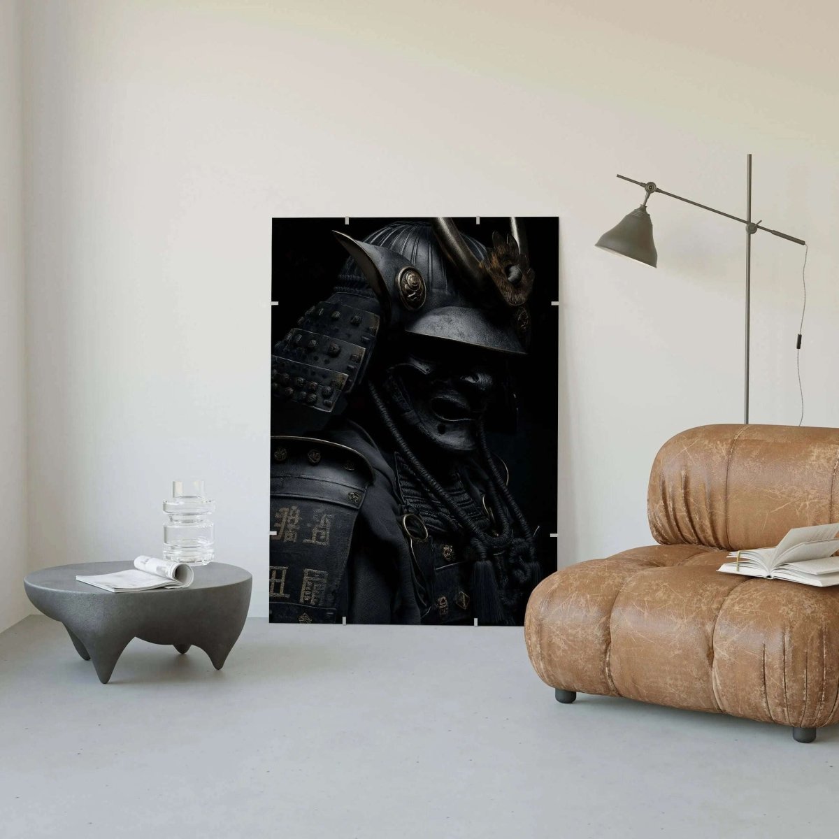 Shadow Honor III Black Samurai digital wall art print in minimalist living room setting, modern home decor by Haus of Prints.