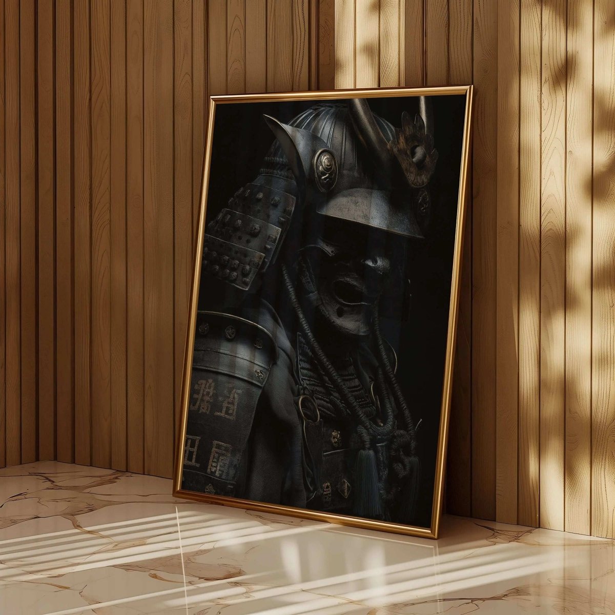 Shadow Honor III Black Samurai digital wall art print framed on marble floor with wood panel background, modern decor by Haus of Prints