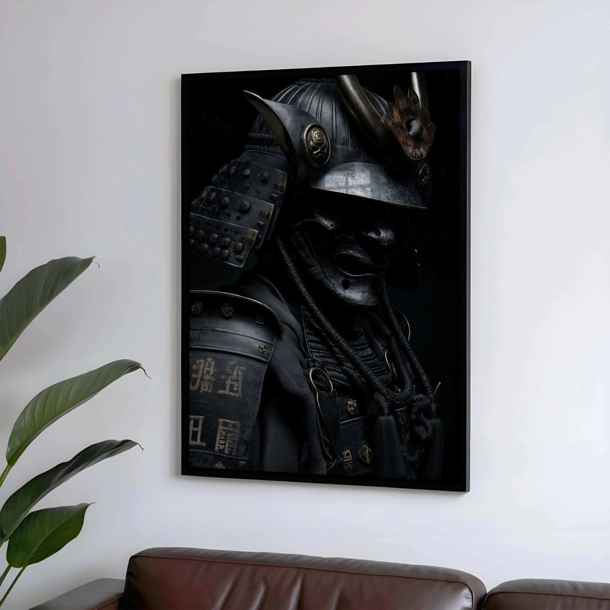 Shadow Honor III Black Samurai digital wall art print in a modern living room, framed artwork by Haus of Prints.