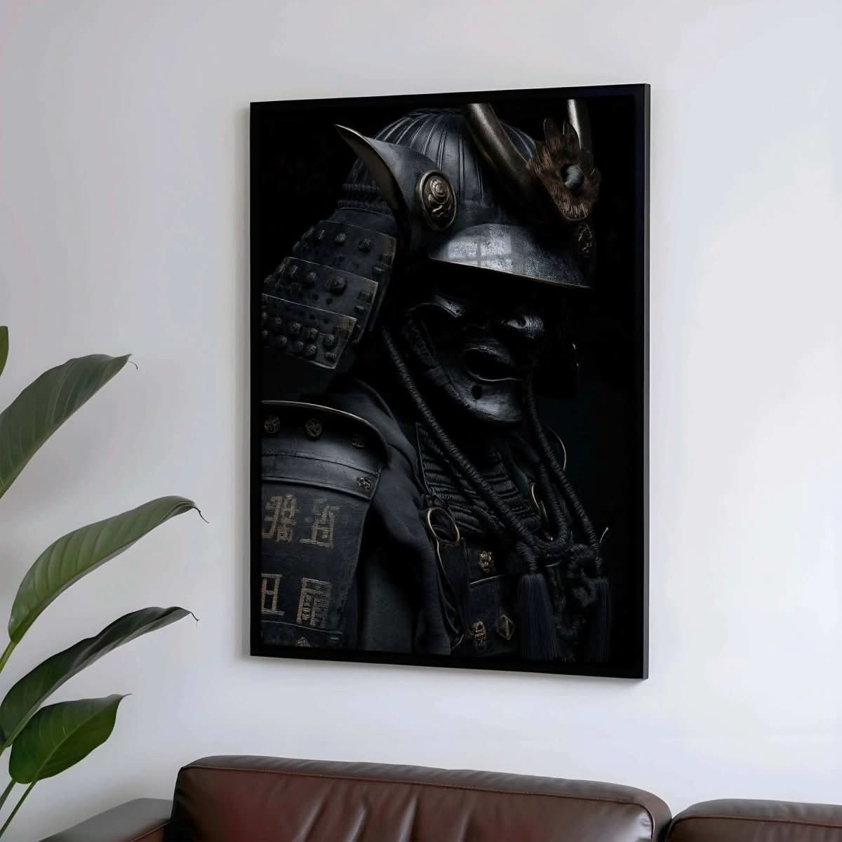 Framed Shadow Honor III – Black Samurai Art Print displayed on a wall, showcasing its captivating design in a modern setting.