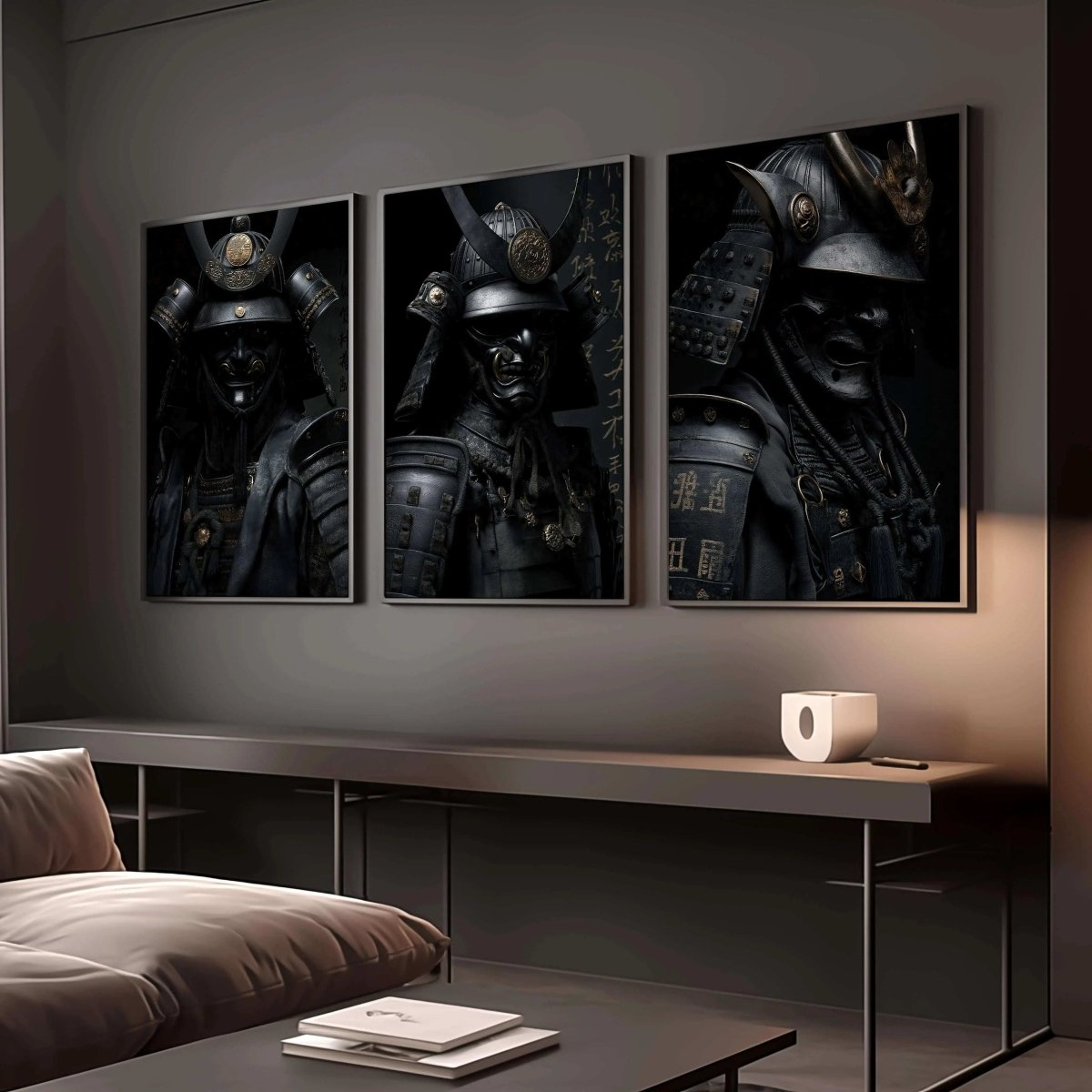 Shadow Honor Triptych Art Prints Set of 3 showcasing Japanese warriors in dark tones, modern printable wall art for living room decor, Haus of Prints.