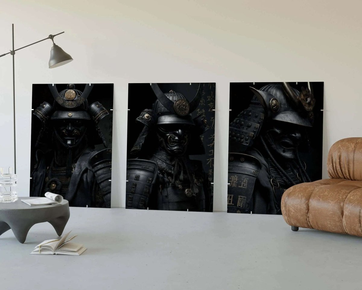 Shadow Honor Triptych Art Prints featuring samurai warriors in dark tones, modern digital wall art for living room decor by Haus of Prints.