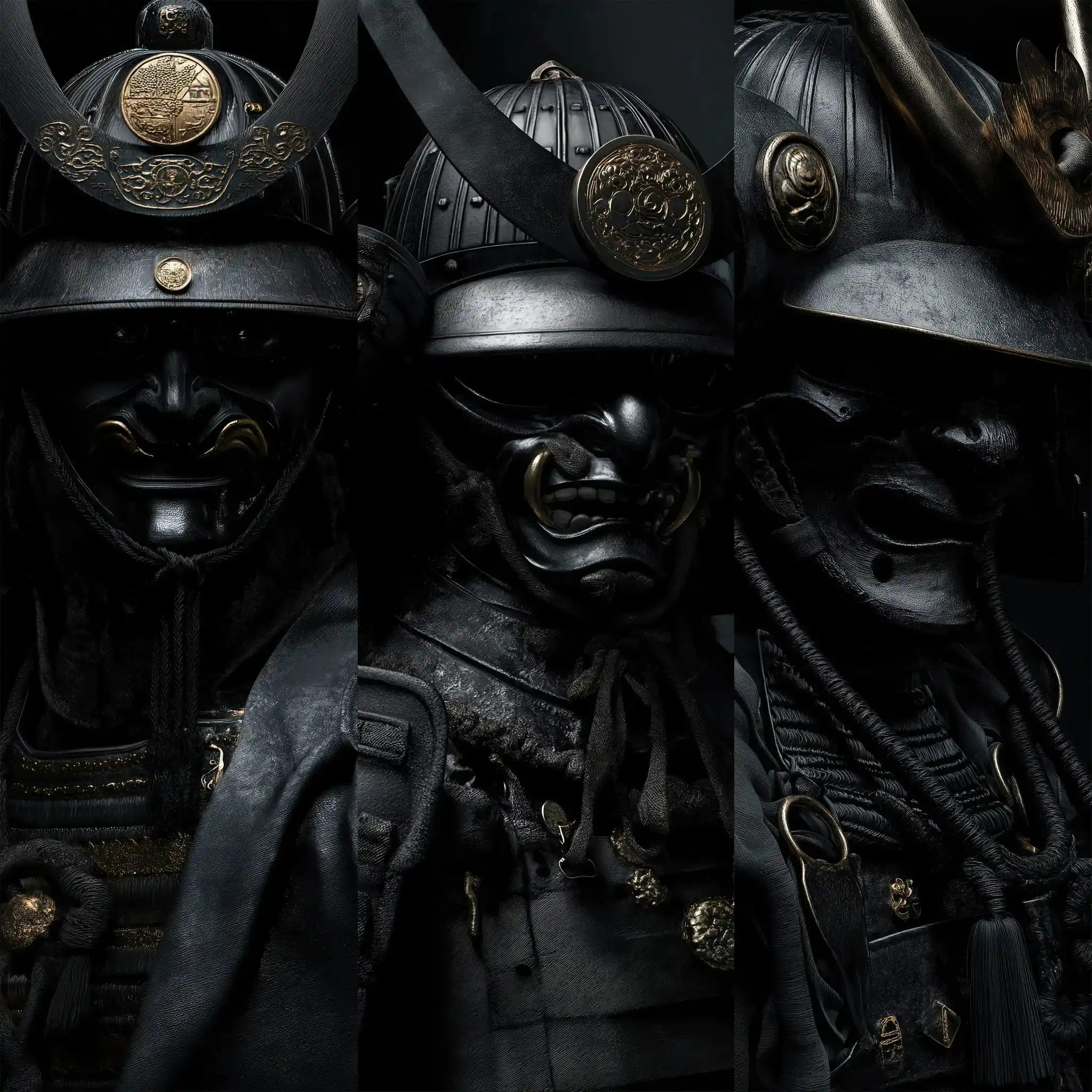 Three black Samurai helmets with gold accents on a dark background