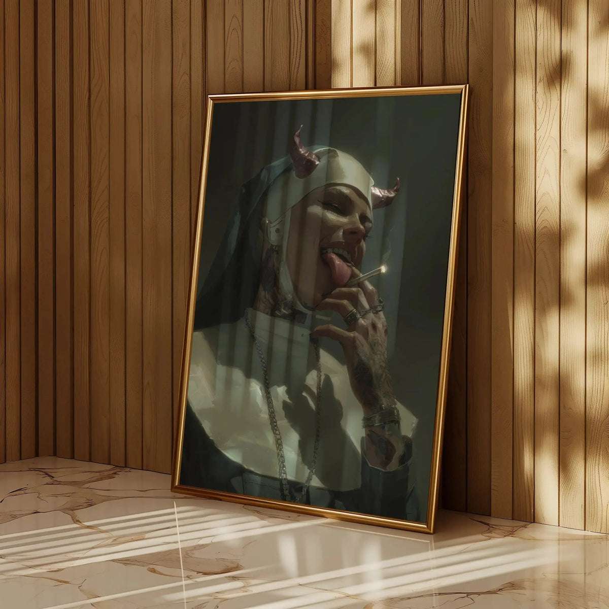Framed Sinful Sister – Devil Horn Nun Art Print in sunlit wooden room, highlighting gothic and cyber reverie style for bold interior design.