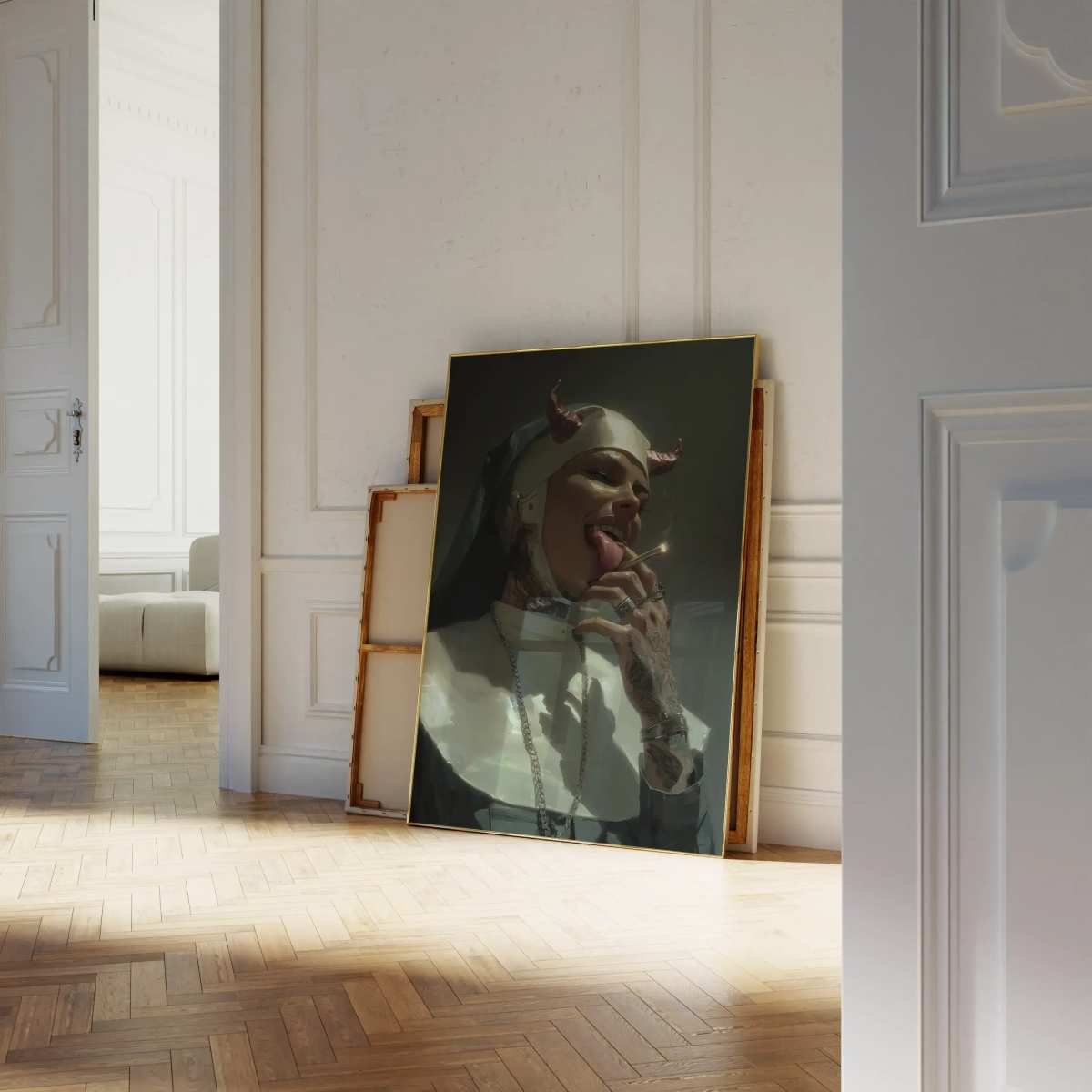 Devil Horn Nun Art Print leaning against wall in elegant room, showcasing edgy cyberpunk artwork ideal for rebellious and dark-themed home decor.