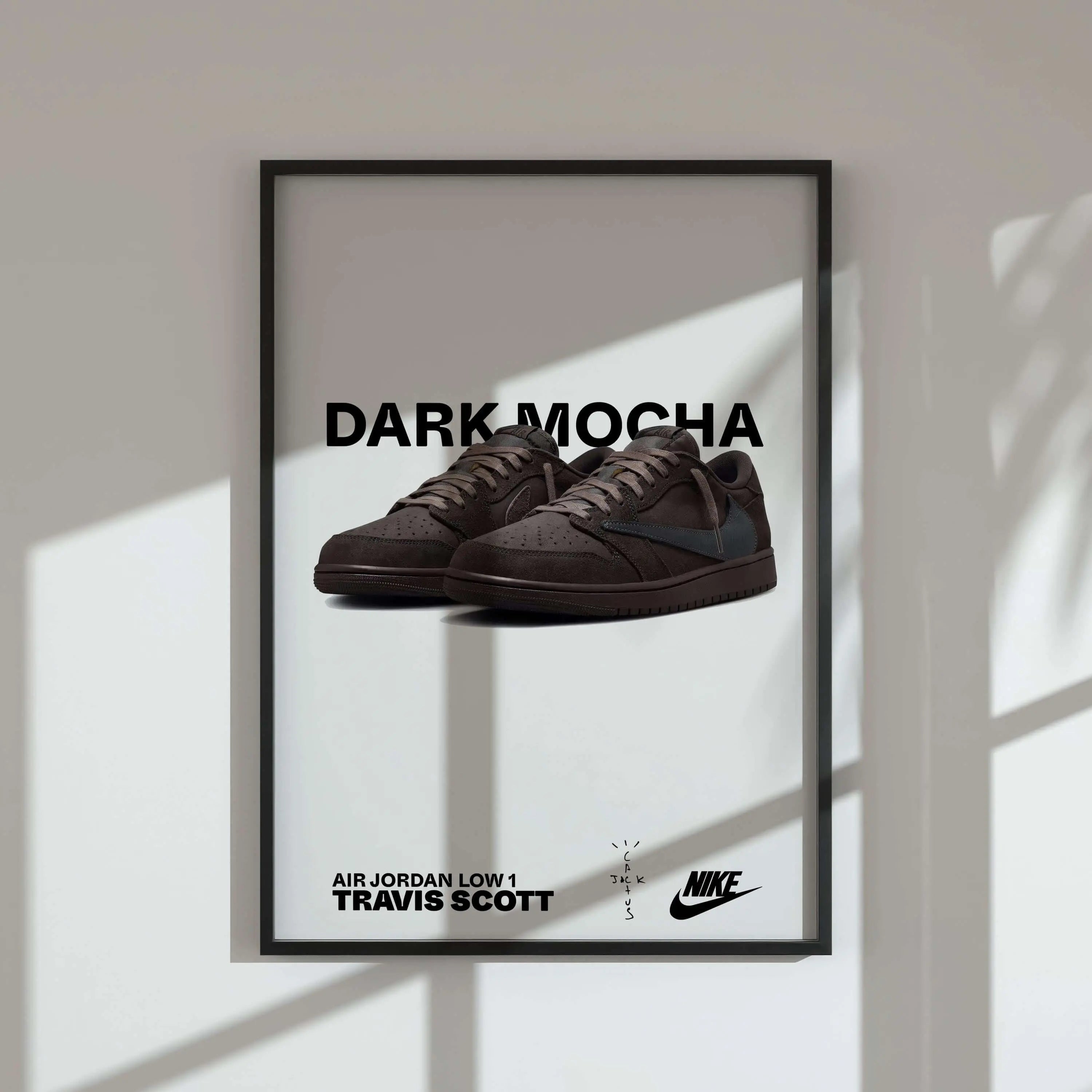Dark Mocha Air Jordan Low 1 sneaker art digital wall print in black frame, modern living room decor, Haus of Prints Sneaker Poster Set of 3.