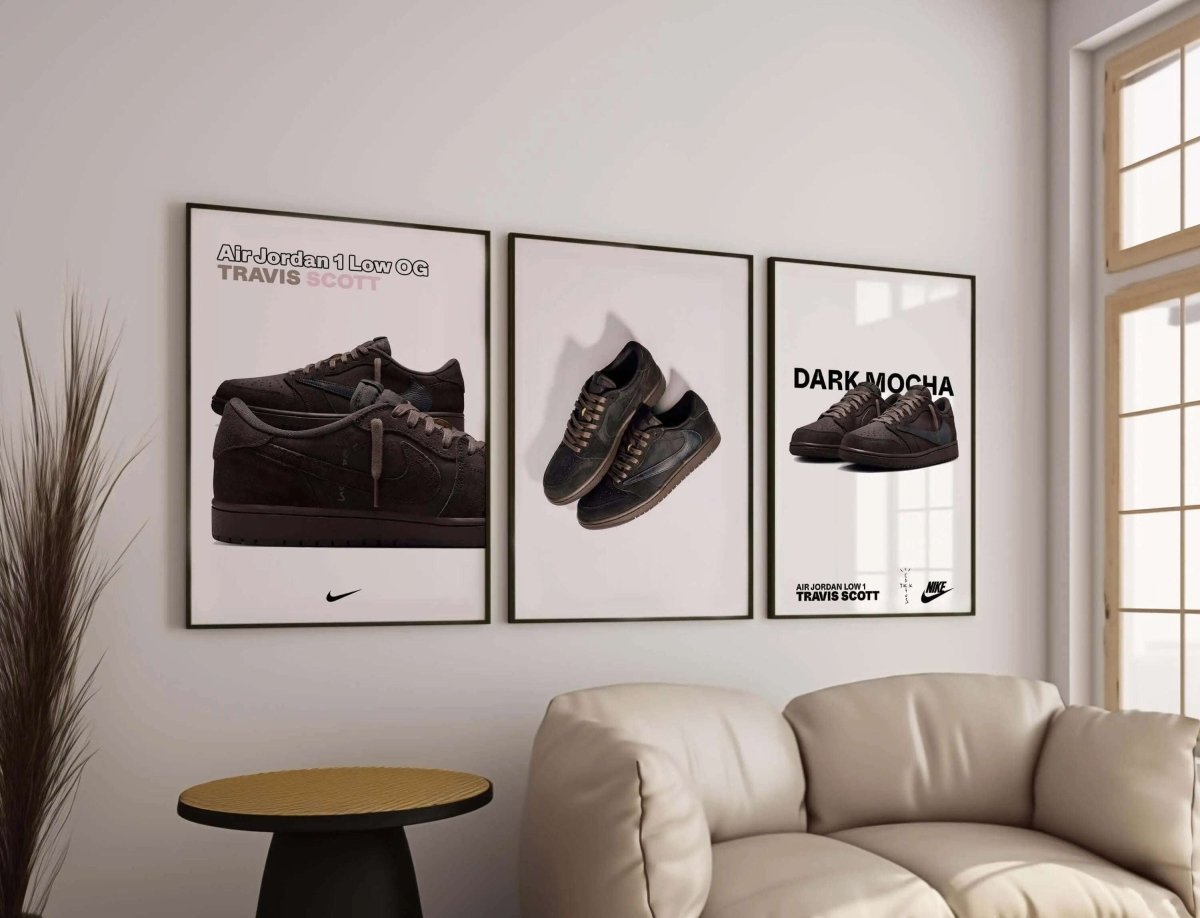 Sneaker Poster Set of 3 digital wall art prints featuring Air Jordan 1 Low OG in modern living room decor — Haus of Prints