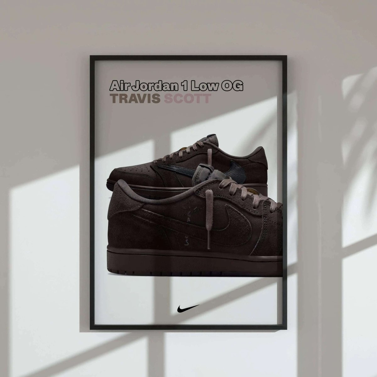 Framed sneaker art print featuring Air Jordan 1 Low OG in dark tones, perfect for modern living room wall decor — Sneaker Poster Set of 3 Digital Downloads, Haus of Prints.
