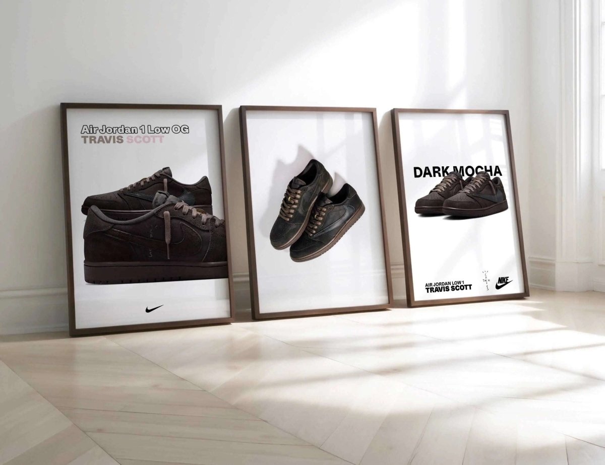 Set of 3 framed sneaker art prints featuring Air Jordan 1 Low OG Travis Scott in modern living room, digital wall art by Haus of Prints.