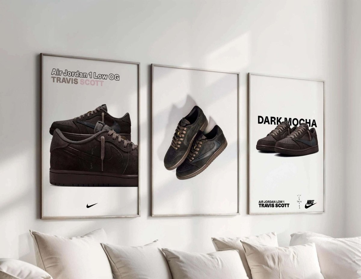 Sneaker Poster Set of 3 Digital Downloads featuring Air Jordan Travis Scott designs in black framed digital wall art for living room — Haus of Prints