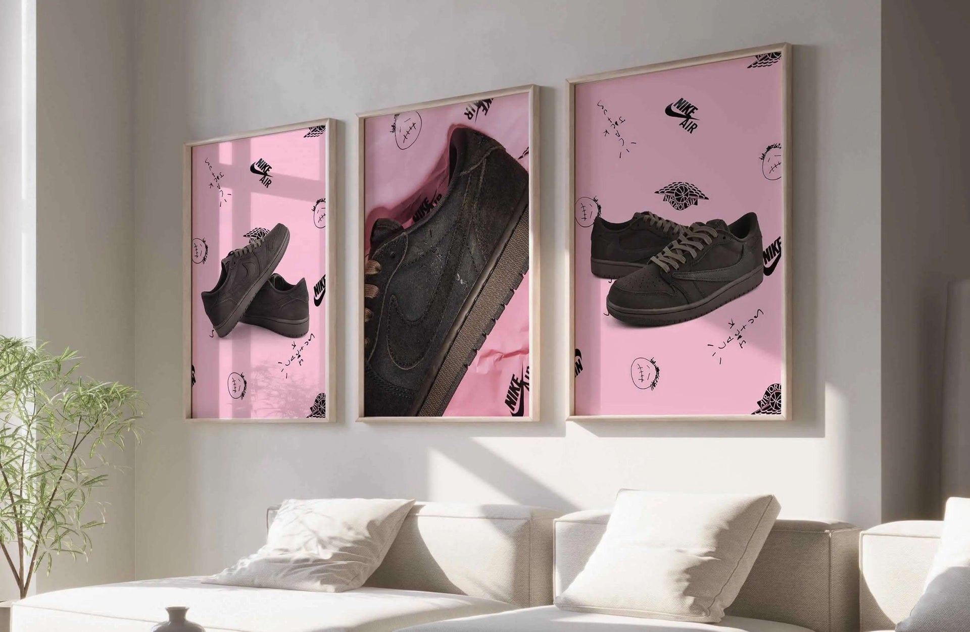 Sneakerhead Shoe Wall Art Set of 3, featuring vibrant sneaker designs against a pink background.