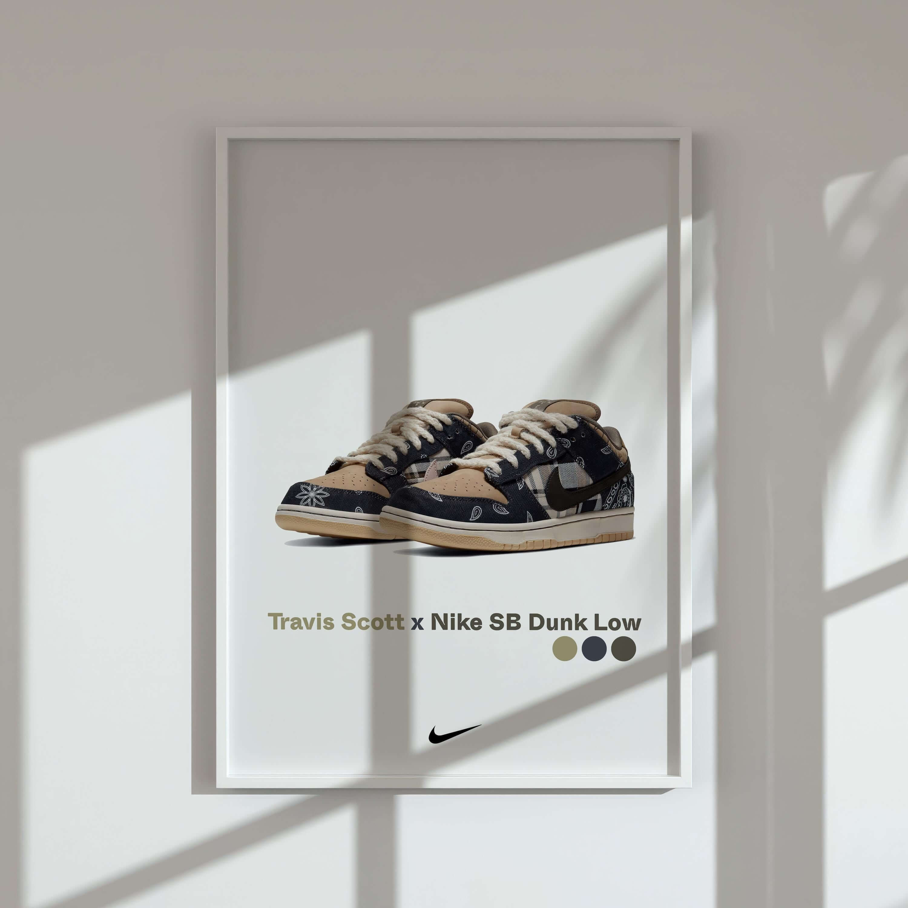 Travis Scott x Nike SB Dunk Low poster showcasing stylish sneakers in urban decor.