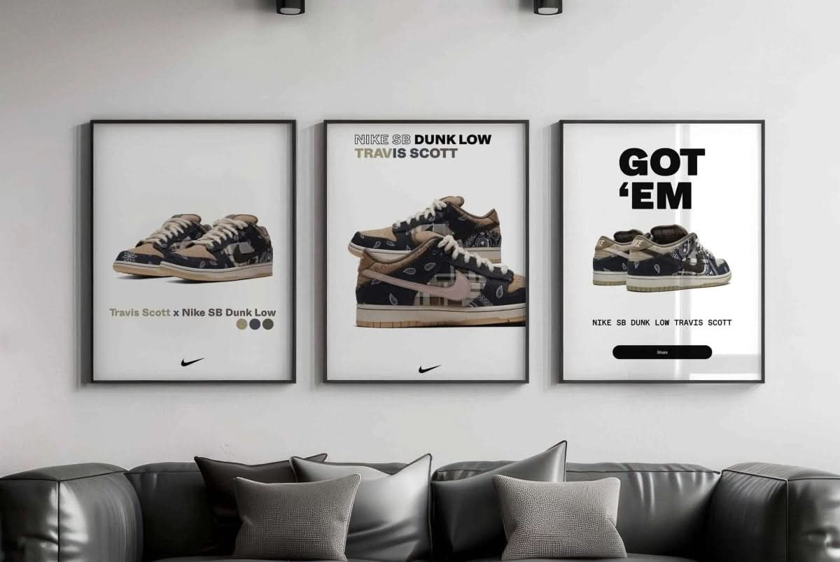 Streetwear Printable Poster Set of 3 featuring sneaker art of Travis Scott Nike SB Dunk Low in framed digital wall art above sofa, Haus of Prints.