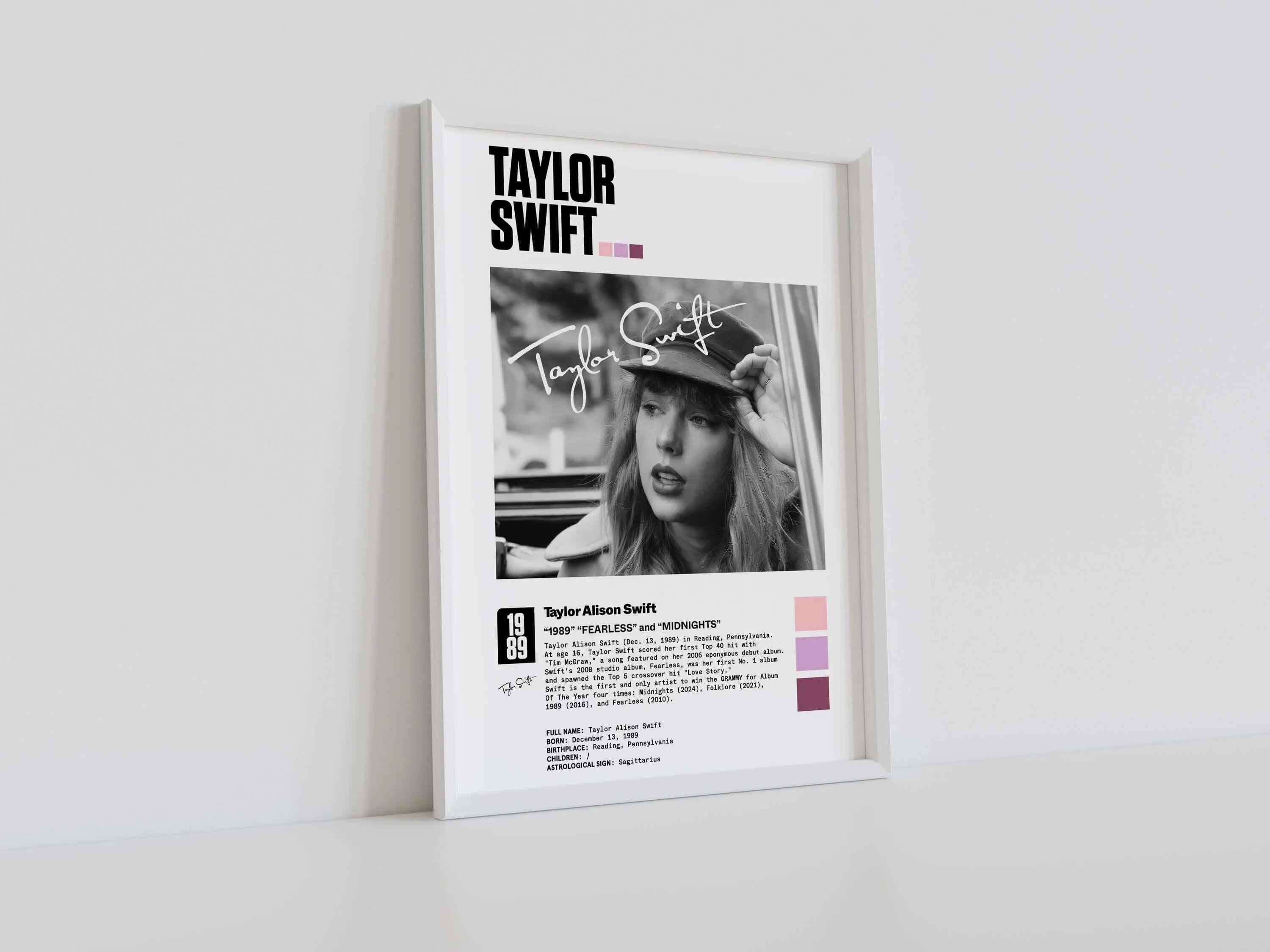 Taylor Swift Poster Set of 3 featuring black-and-white digital wall art with pink accents, framed and perfect for modern home decor — Haus of Prints.
