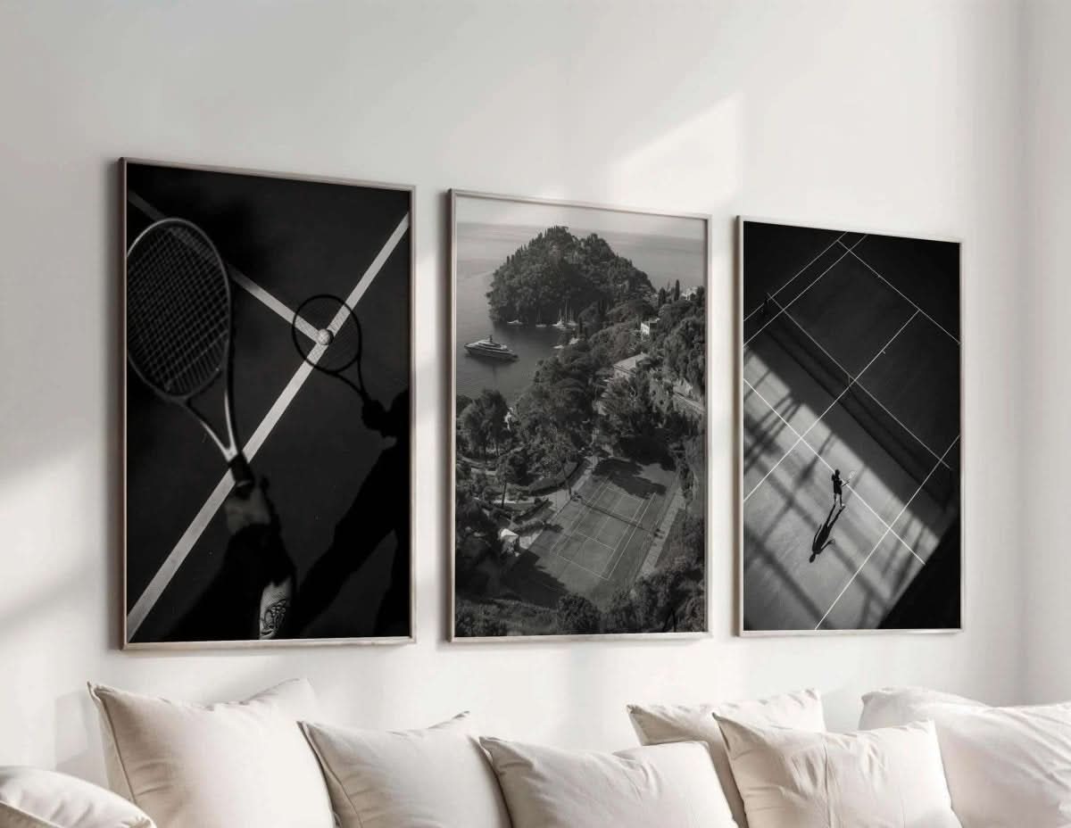 Tennis-themed art showcasing a close-up of a tennis player in action on the court.