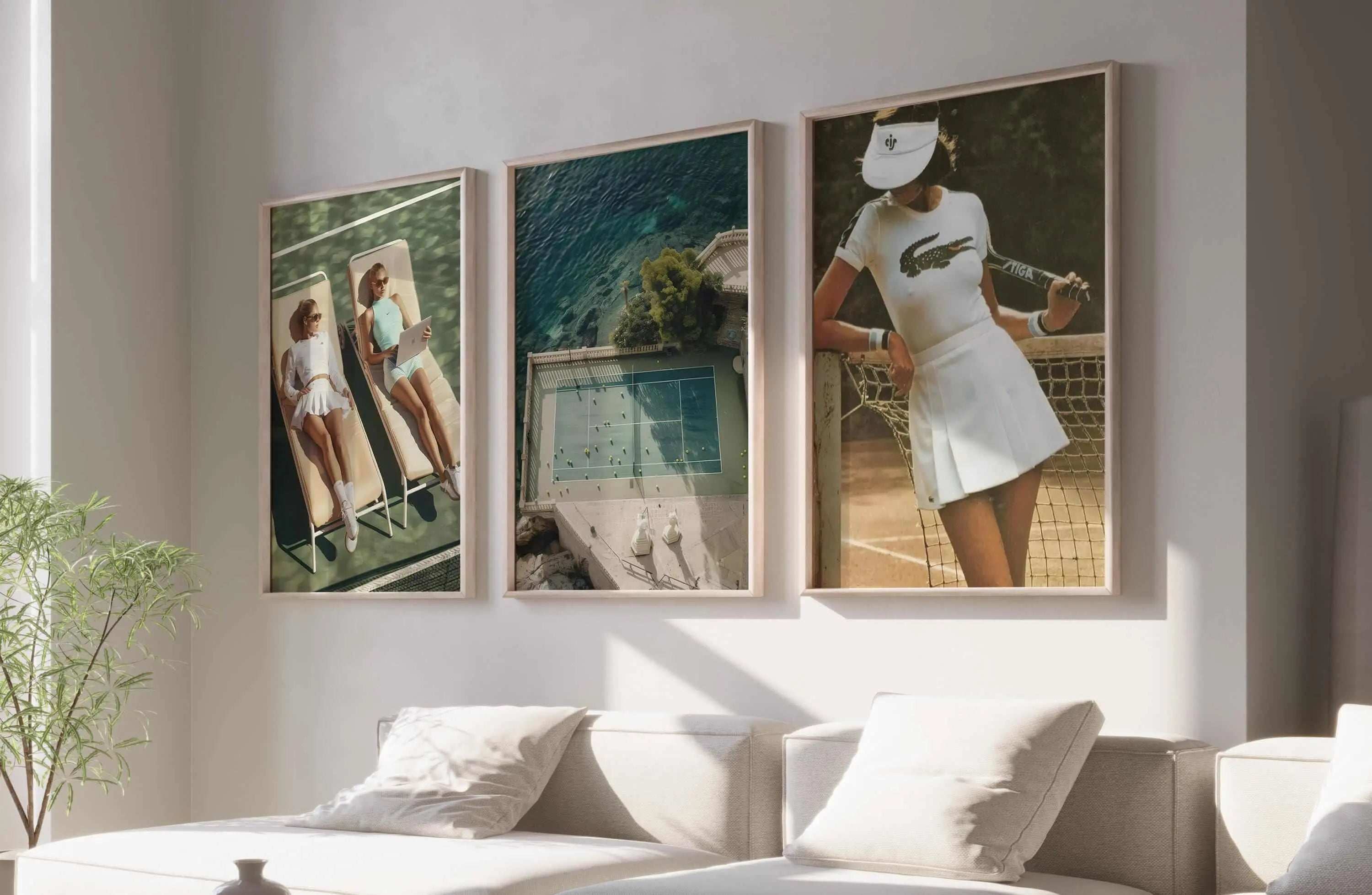 Set of 3 tennis-themed wall art prints featuring players, court aerial view, and stylish tennis attire displayed above a living room couch