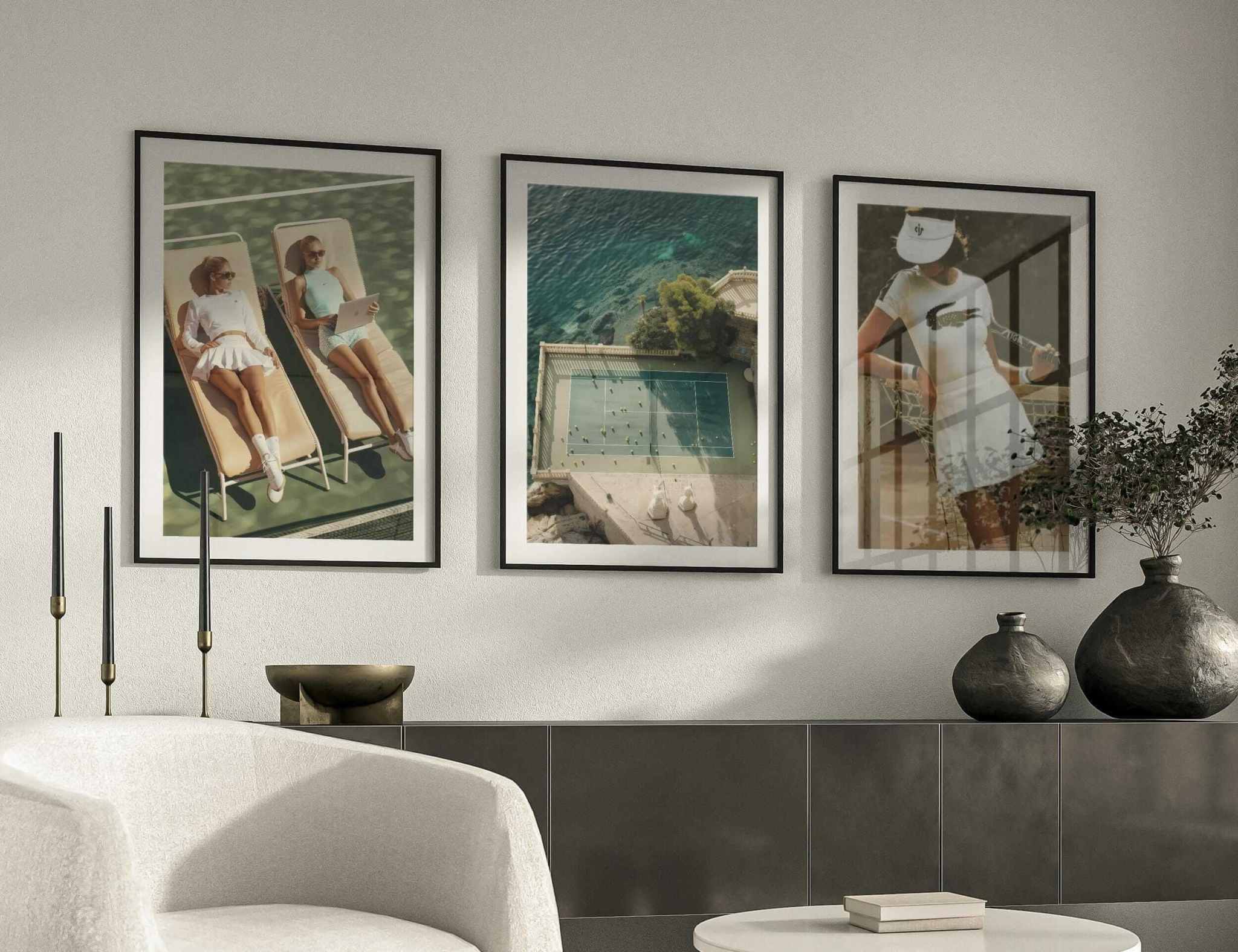 Tennis Wall Art Set of 3 featuring vintage-inspired tennis scenes in framed printable digital art for modern living room decor — HAUS OF PRINTS