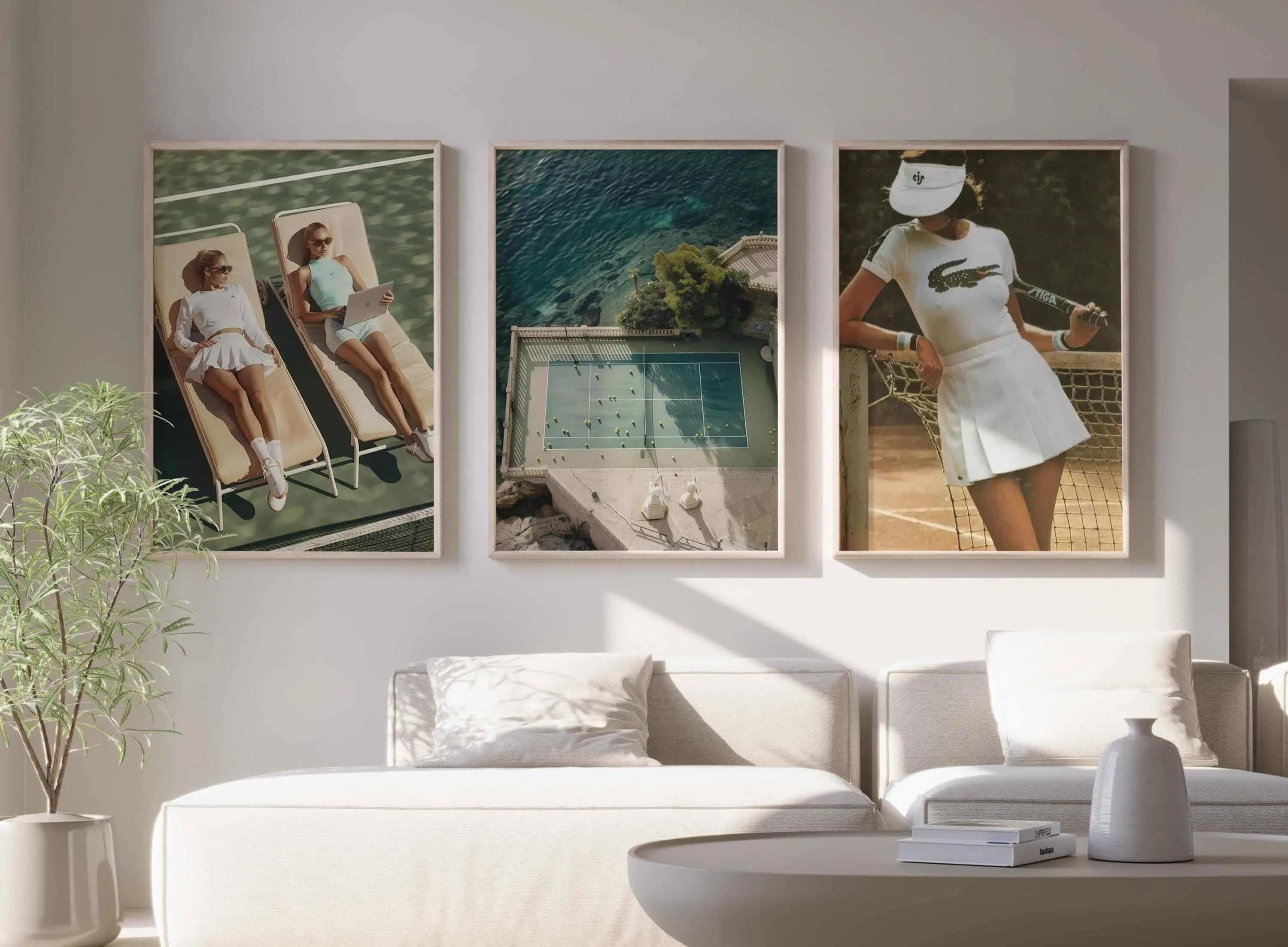 Set of three tennis-themed wall art prints featuring players and a tennis court above a living room sofa