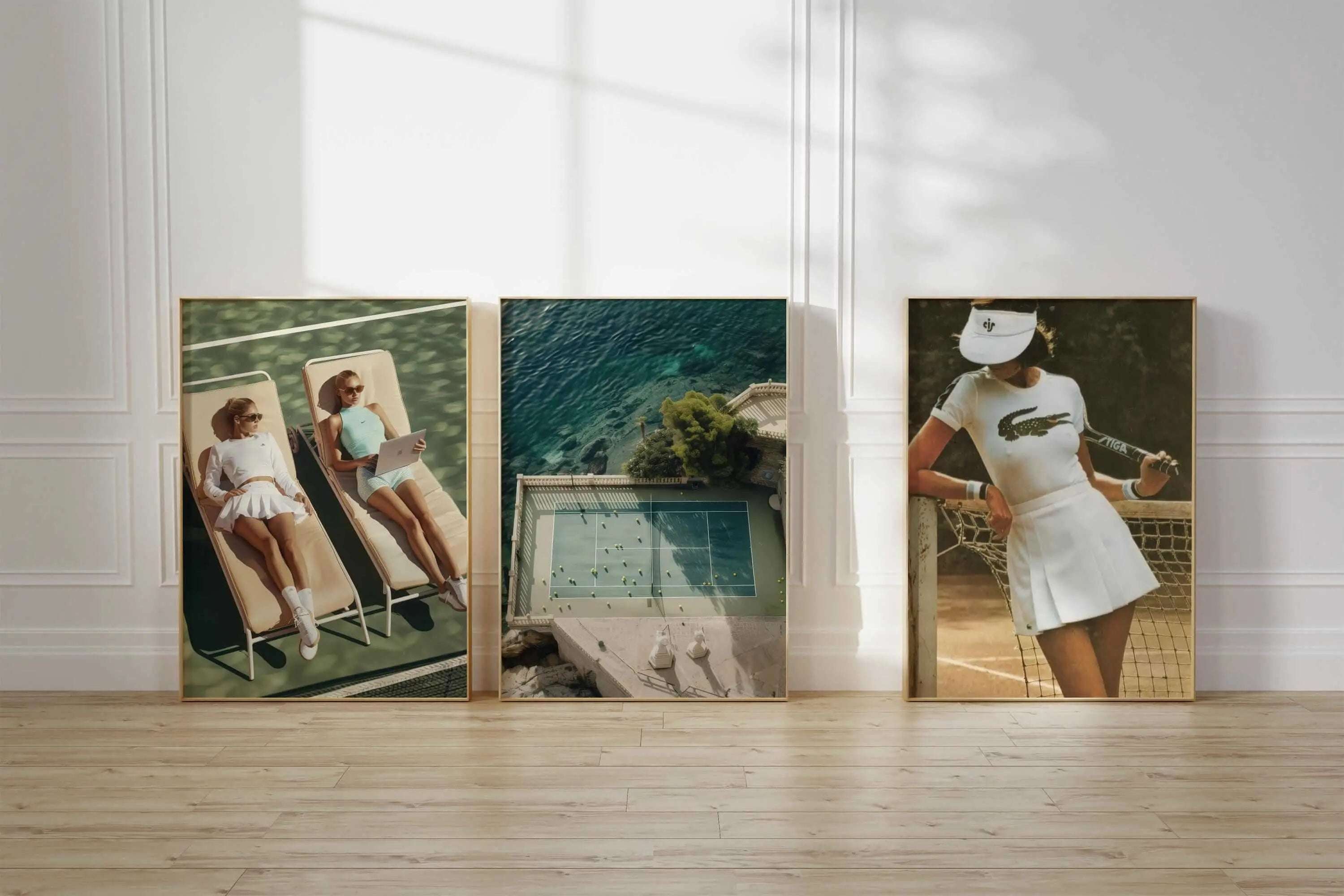 Set of 3 tennis-themed wall art prints featuring players, an aerial view of a tennis court, and vintage tennis style decor for home or gym.