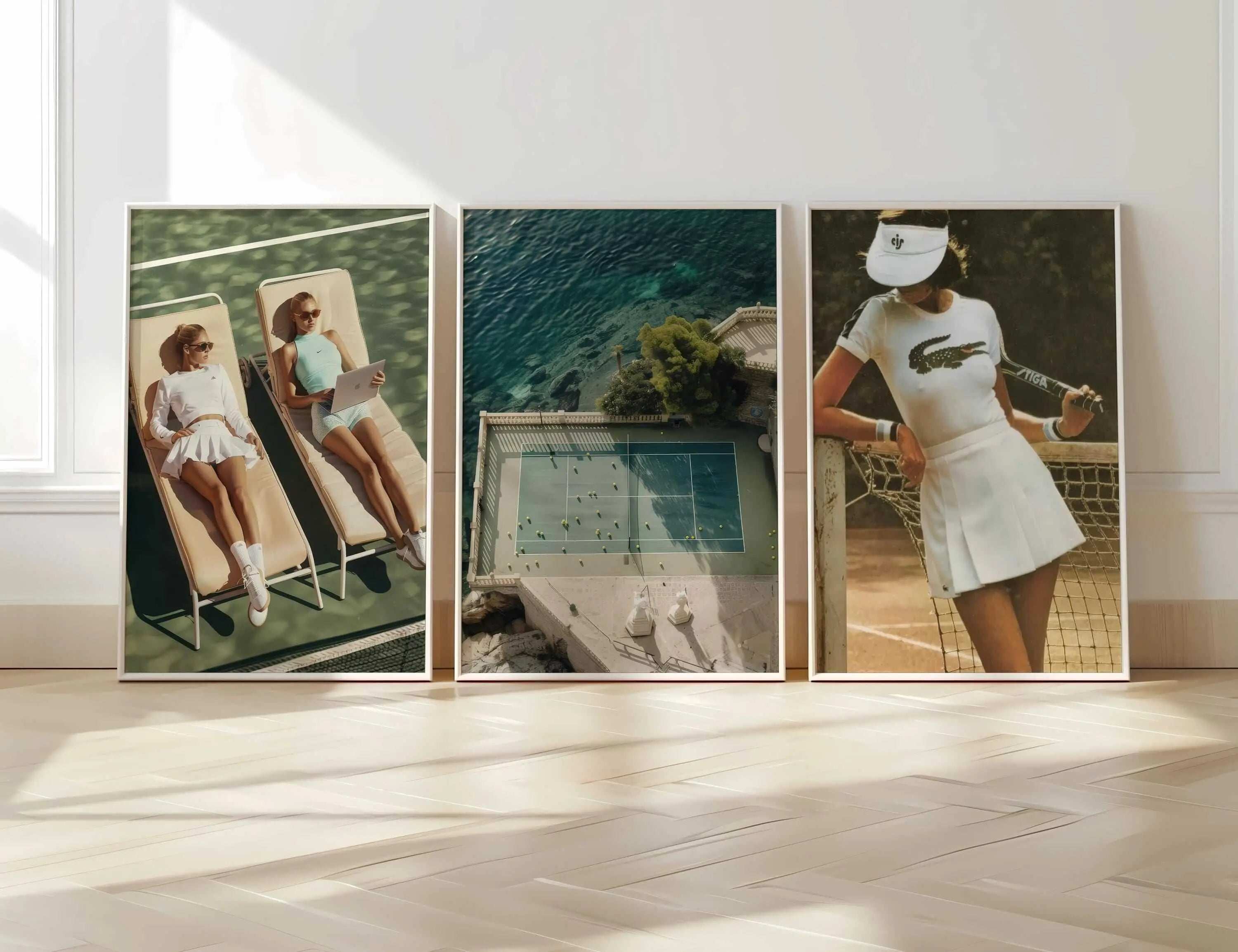 Set of three tennis-themed wall art prints featuring relaxed women on lounge chairs, aerial view of a tennis court near water, and a female tennis player in white attire.