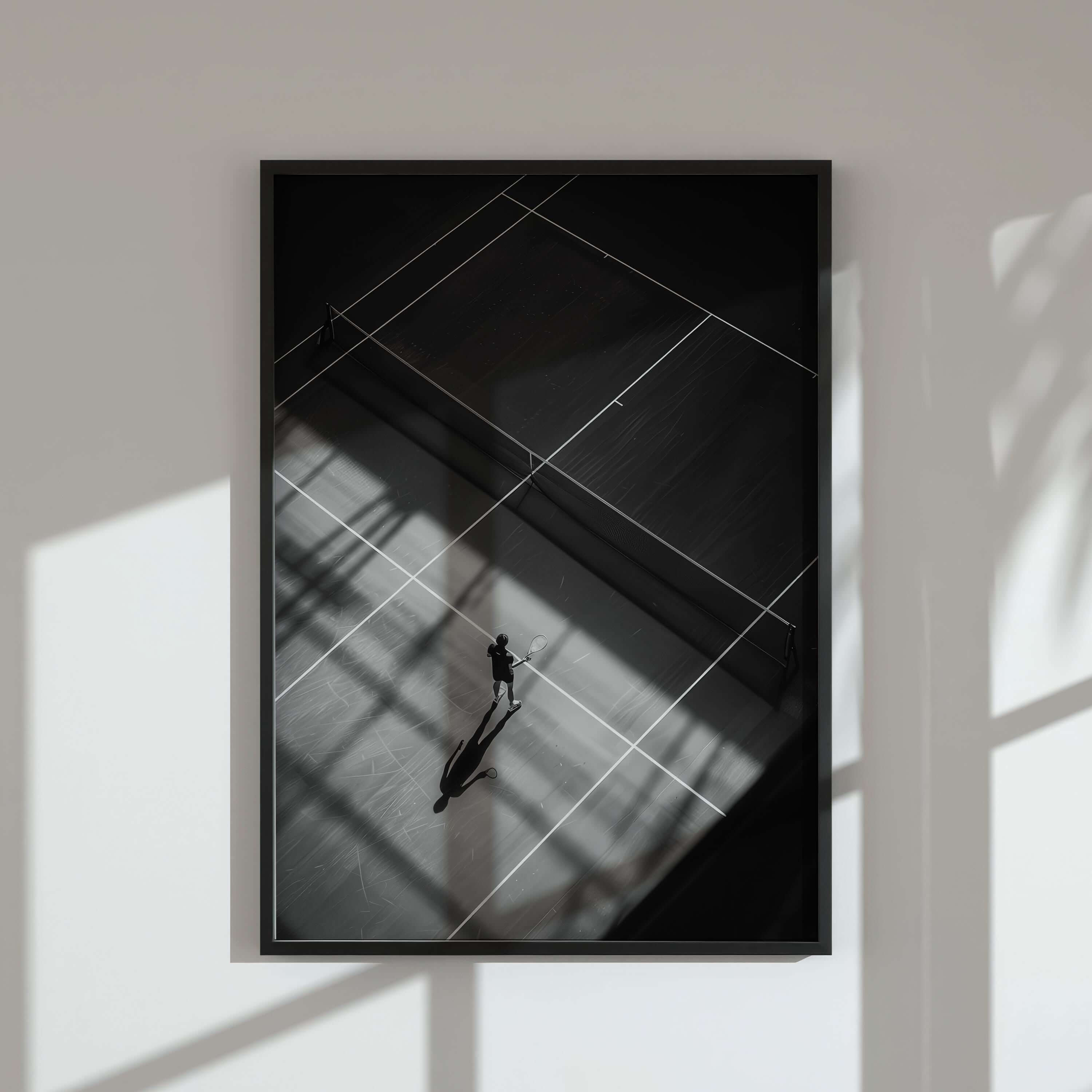 Black and white tennis poster featuring a player on the court casting a shadow, perfect for modern wall decor.