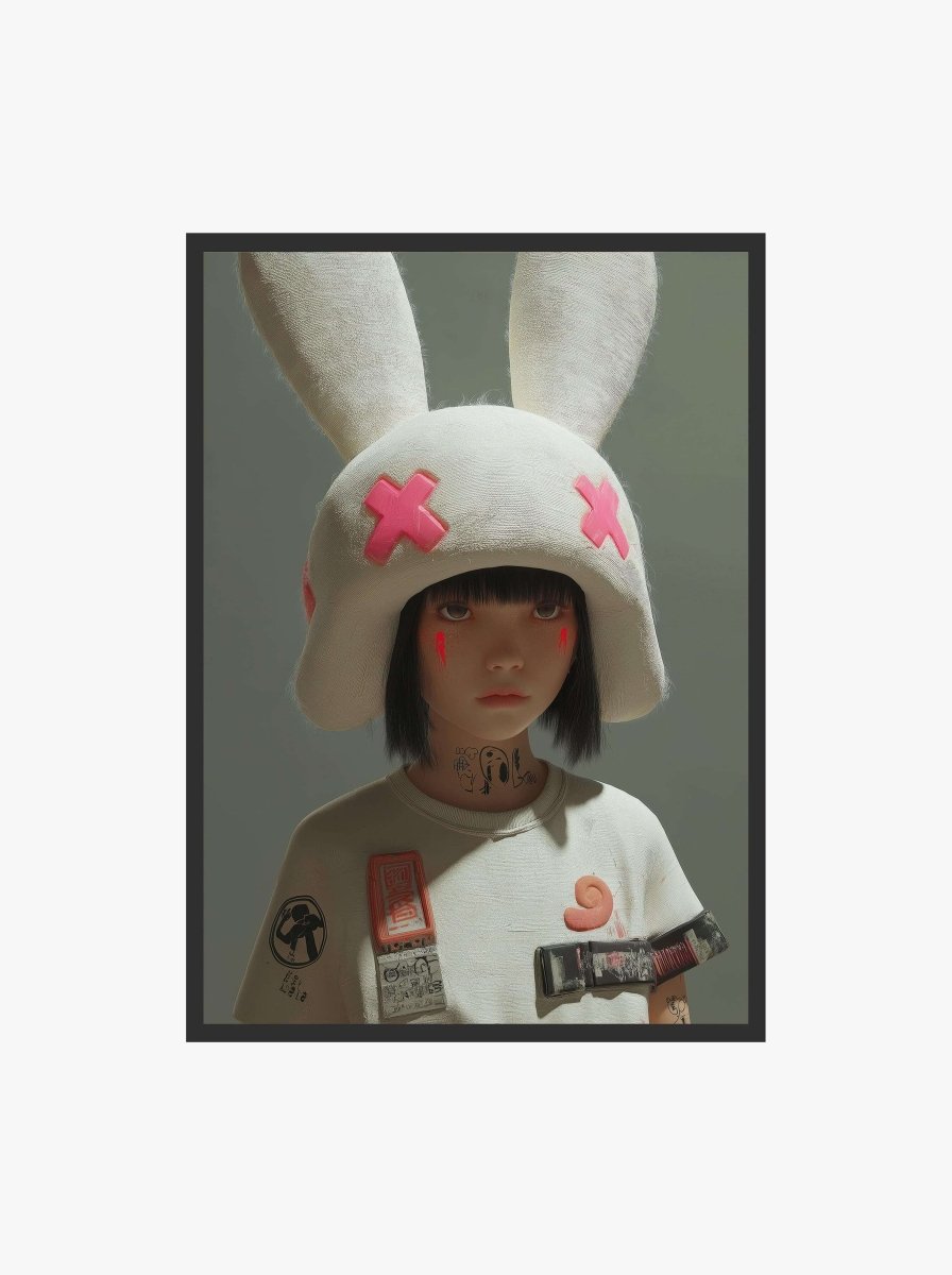 Surreal fashion digital wall art featuring girl in bunny hat with pink accents, framed printable modern wall decor — Haus of Prints Urban Bunny Muse